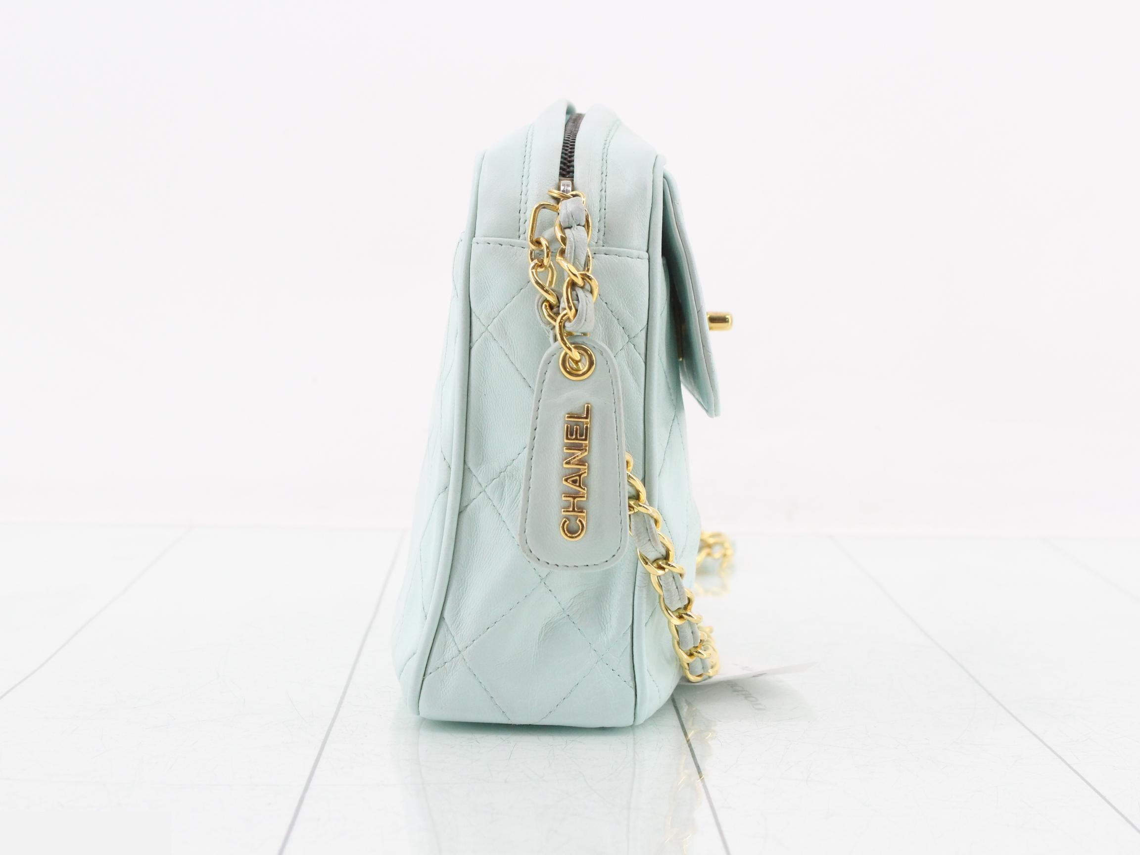 Lambskin Matelassé Chain Shoulder Bag with Pull Charm, Light Blue — view 4