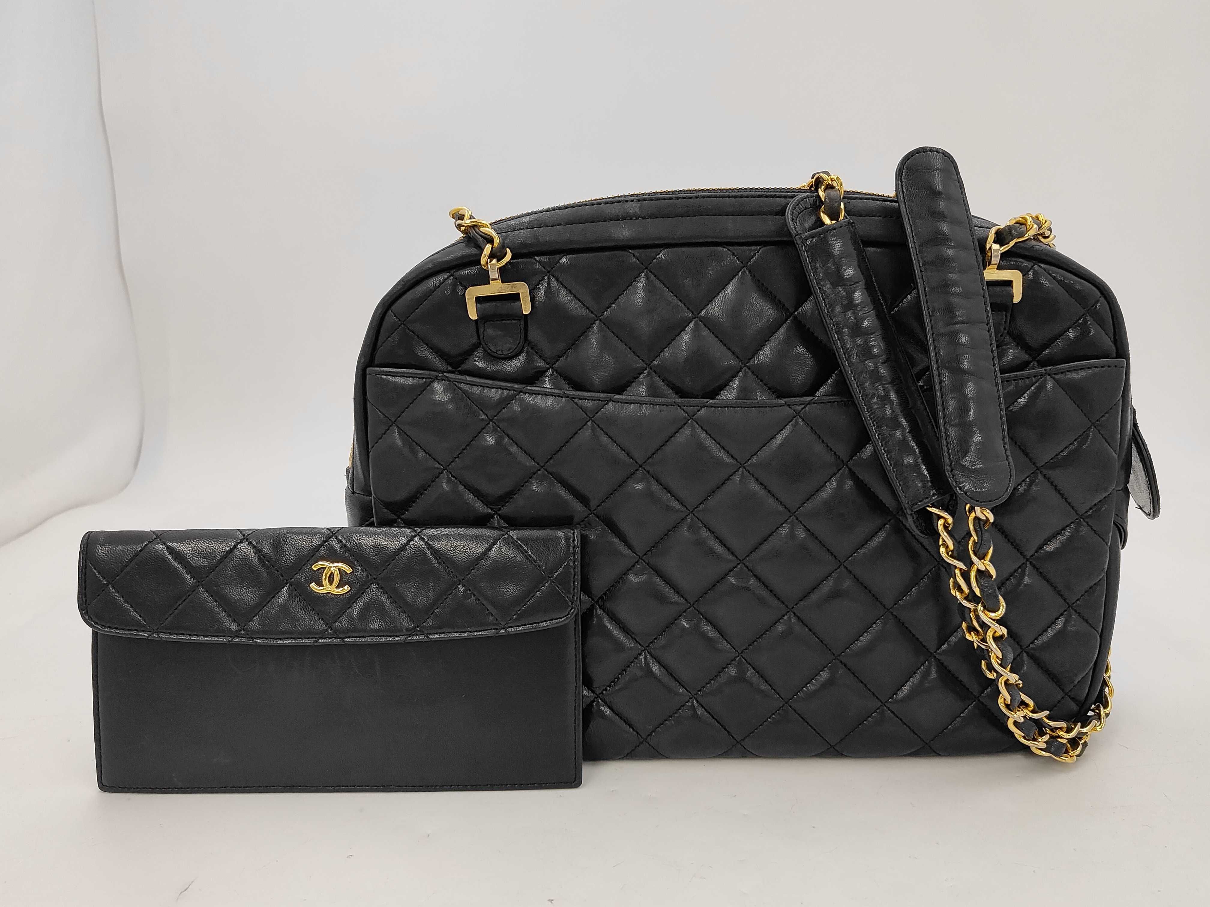Lambskin Black Matelassé Tote Bag with Pouch, Chain Shoulder Strap, with Seal