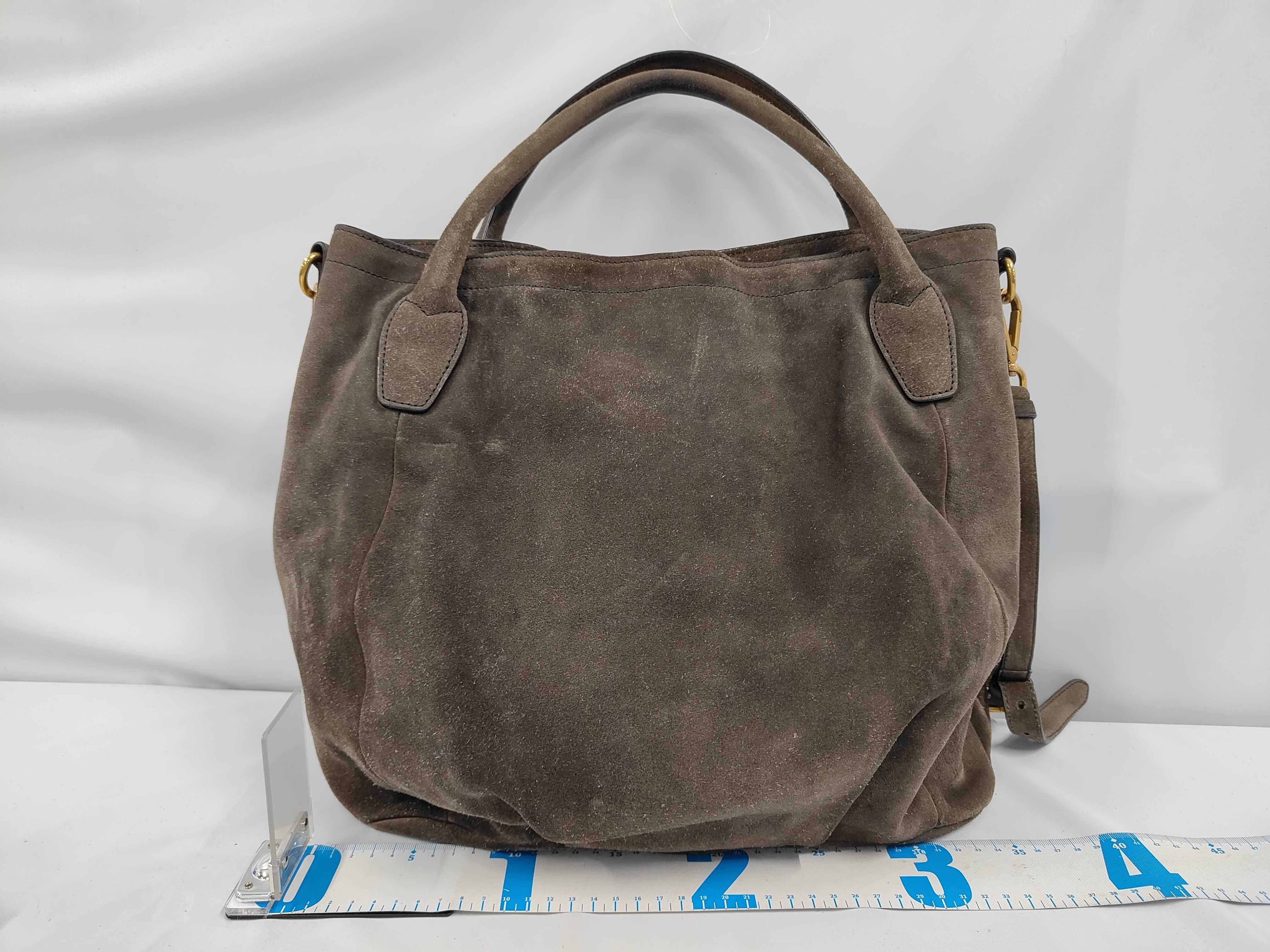 Suede 2-Way Handbag, Khaki, with Strap and Dust Bag. — view 2