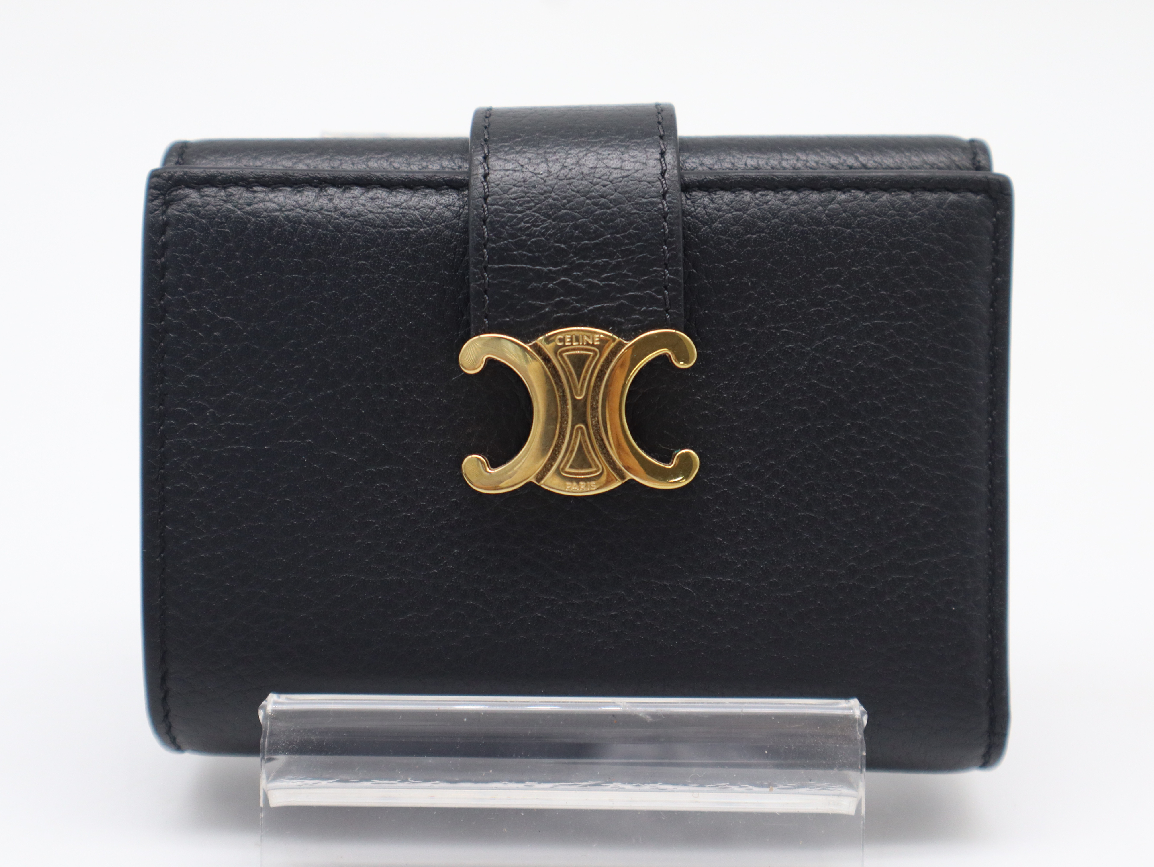 Leather Fine Strap Wallet, Black, Gold Hardware