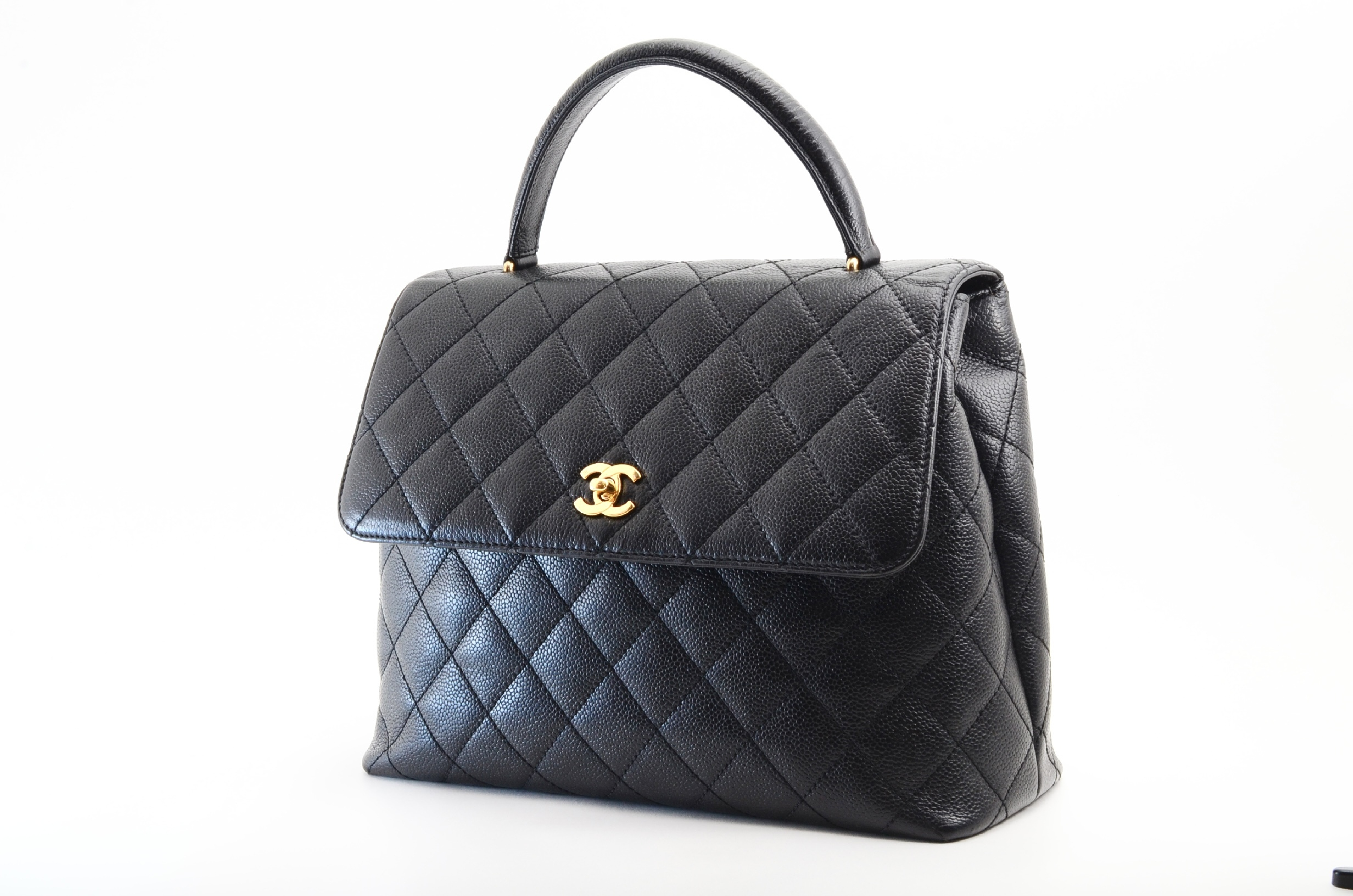 Caviar Skin Top Handle Handbag, Black — view 3