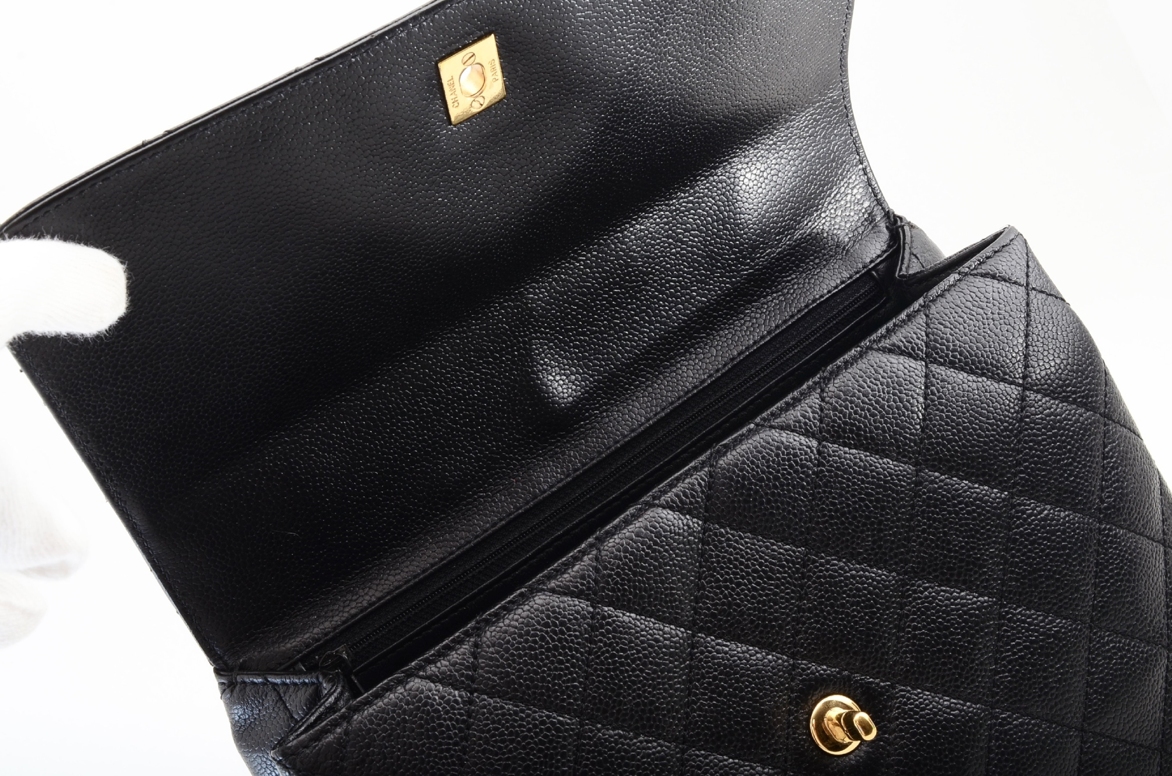 Caviar Skin Top Handle Handbag, Black — view 9