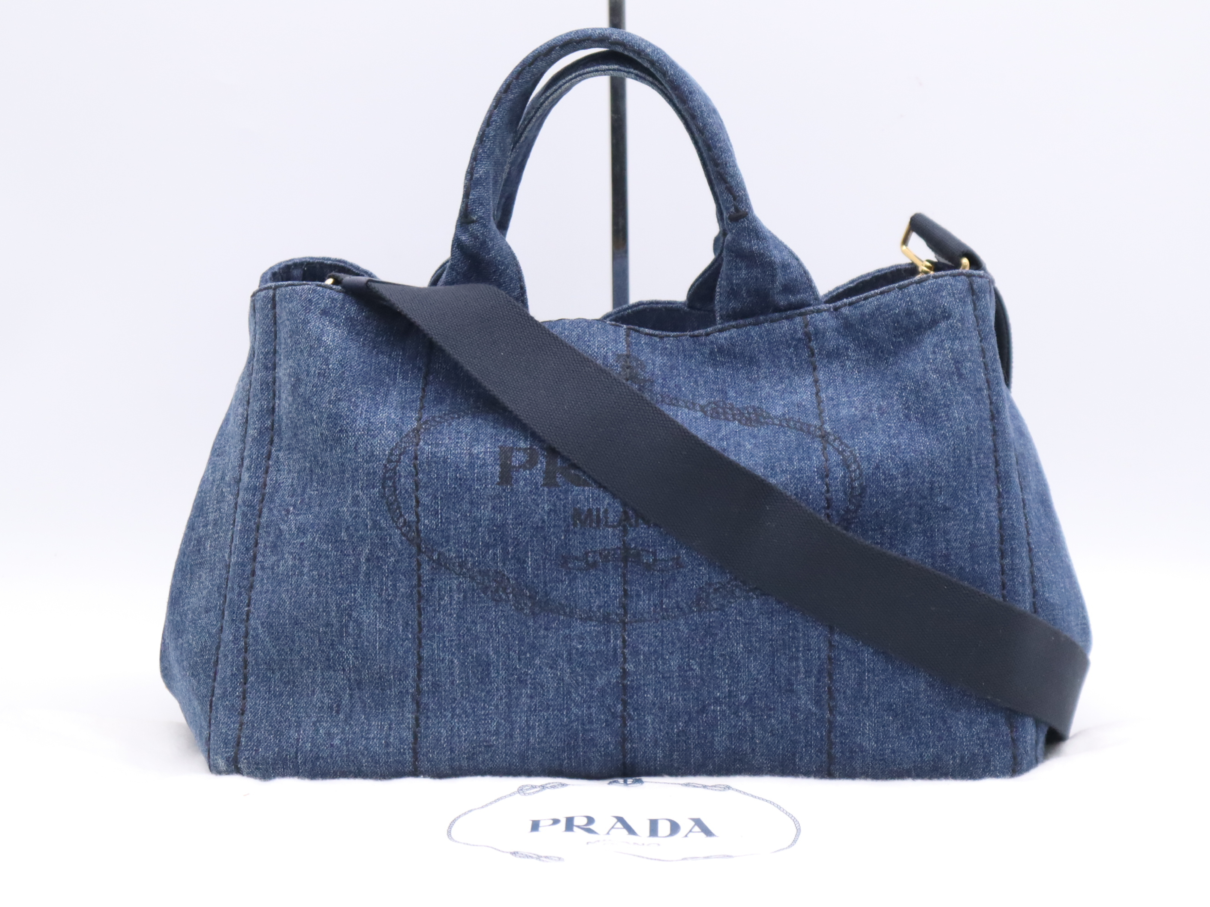 B2642B Denim 2-Way Tote Bag, Canapa Blue, with Shoulder Strap and Dust Bag.