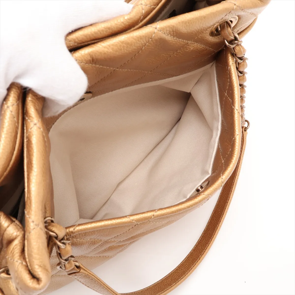 Matelassé Caviar Skin Chain Tote Bag, Gold, Gold Hardware, 17681805, Serial Number 17 — view 12