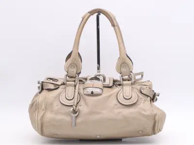 Leather Paddington Handbag with Padlock and Key, Beige, Silver Hardware