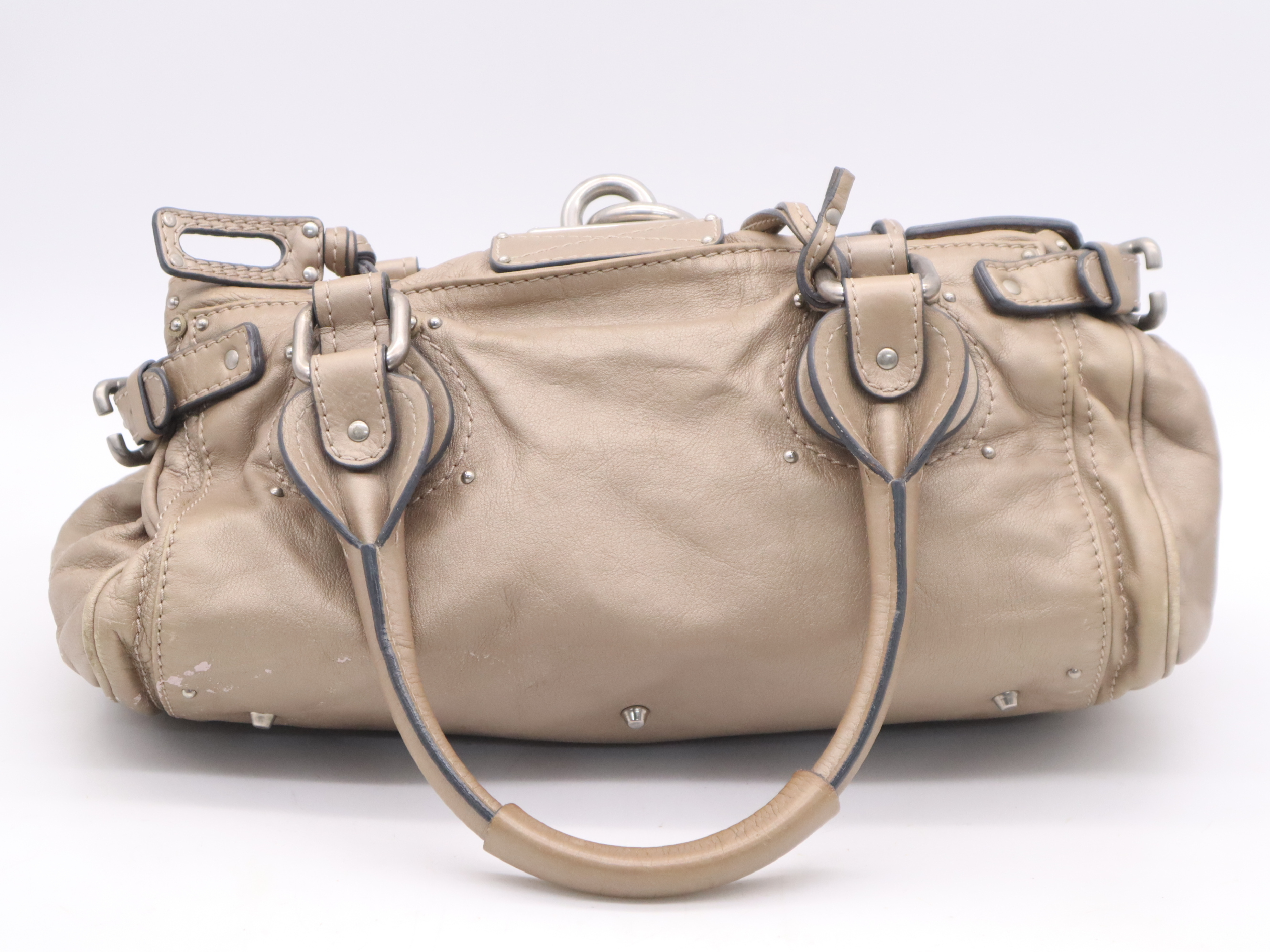 Leather Paddington Handbag with Padlock and Key, Beige, Silver Hardware — view 2