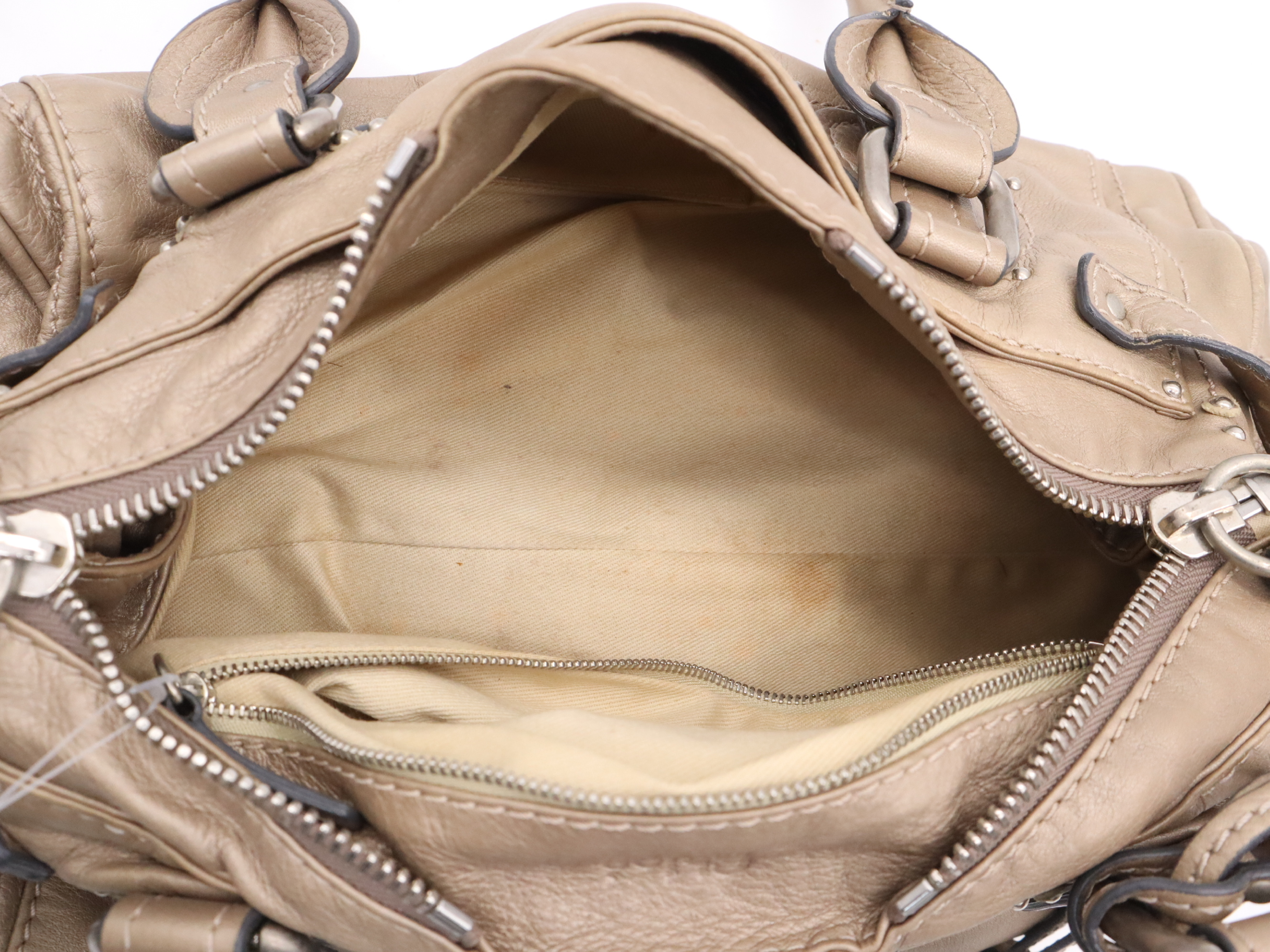 Leather Paddington Handbag with Padlock and Key, Beige, Silver Hardware — view 12