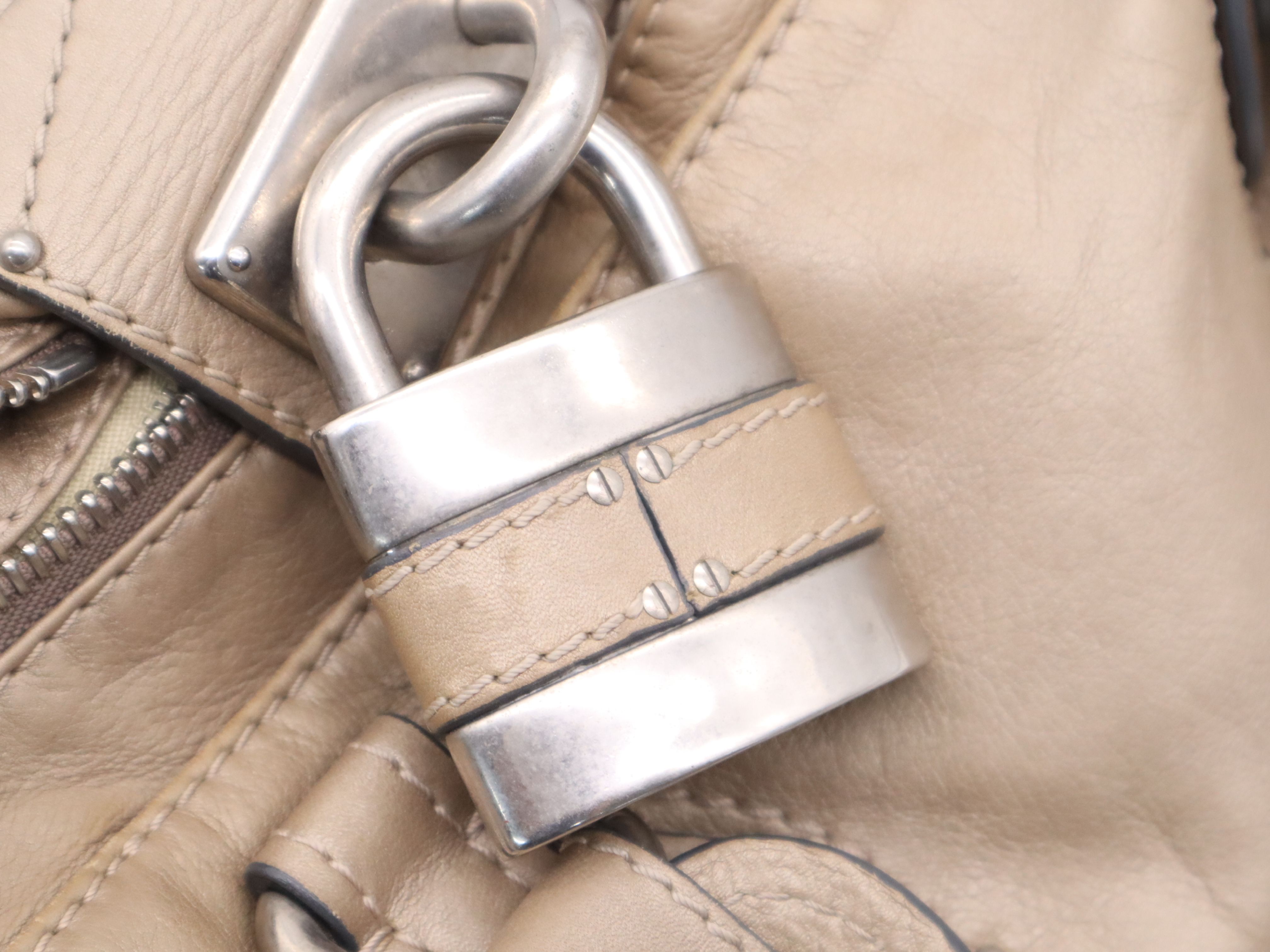 Leather Paddington Handbag with Padlock and Key, Beige, Silver Hardware — view 14