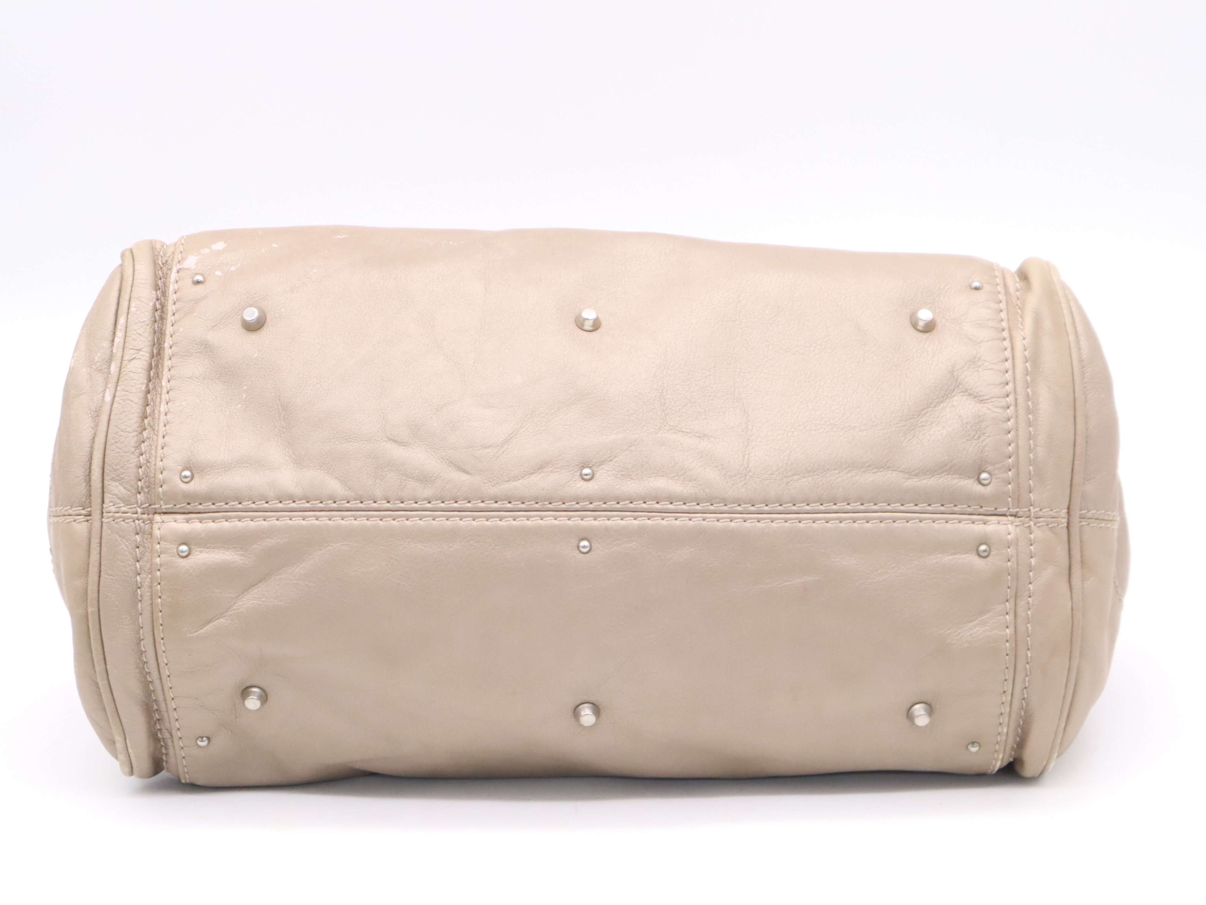 Leather Paddington Handbag with Padlock and Key, Beige, Silver Hardware — view 4