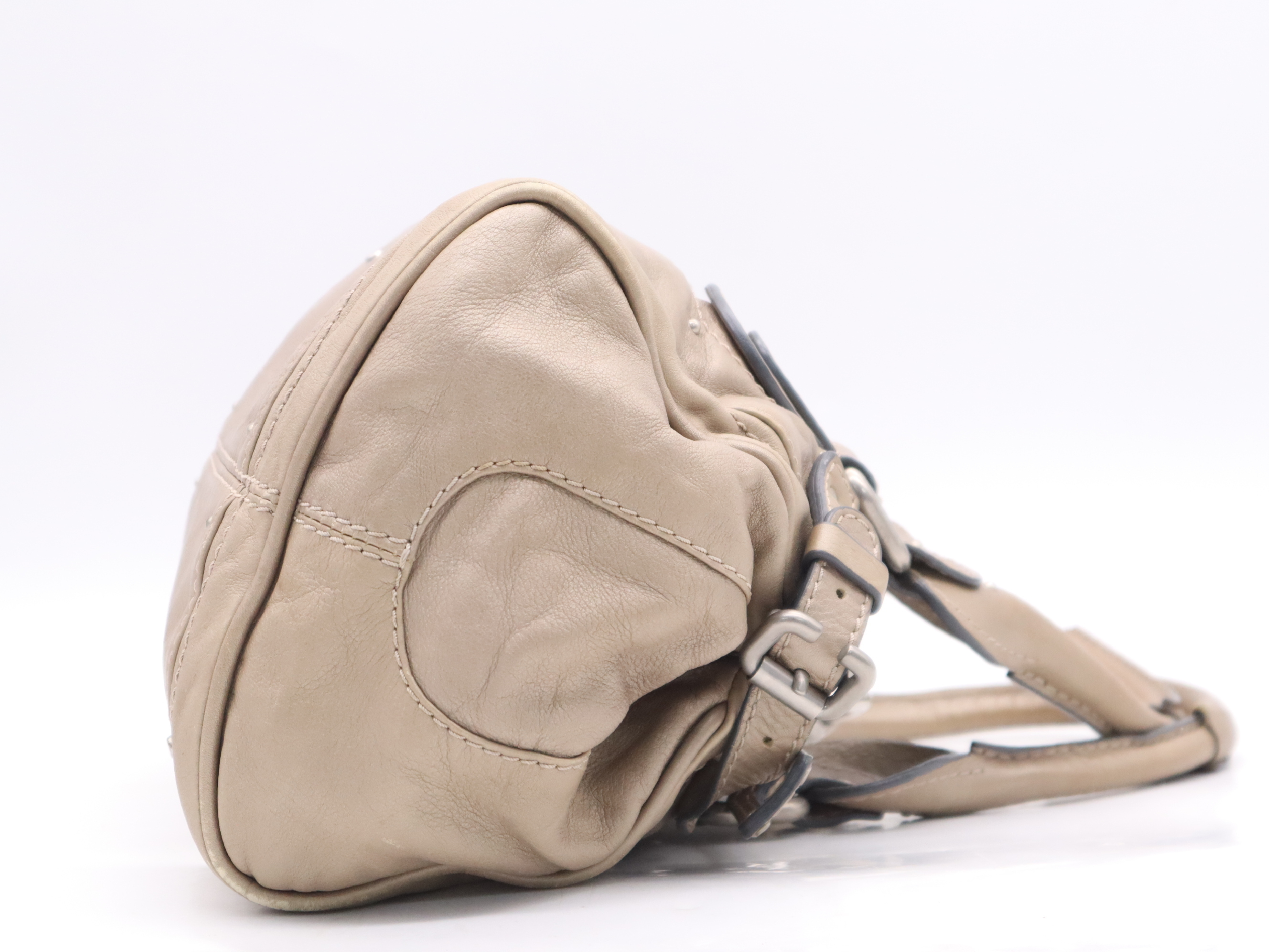 Leather Paddington Handbag with Padlock and Key, Beige, Silver Hardware — view 5