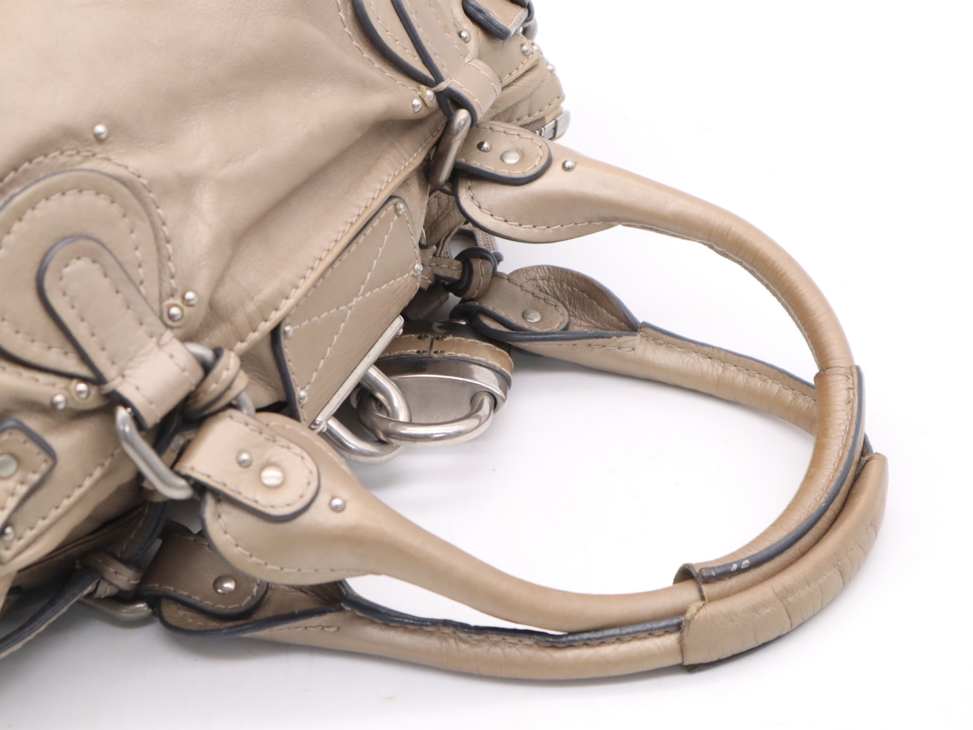Leather Paddington Handbag with Padlock and Key, Beige, Silver Hardware — view 6