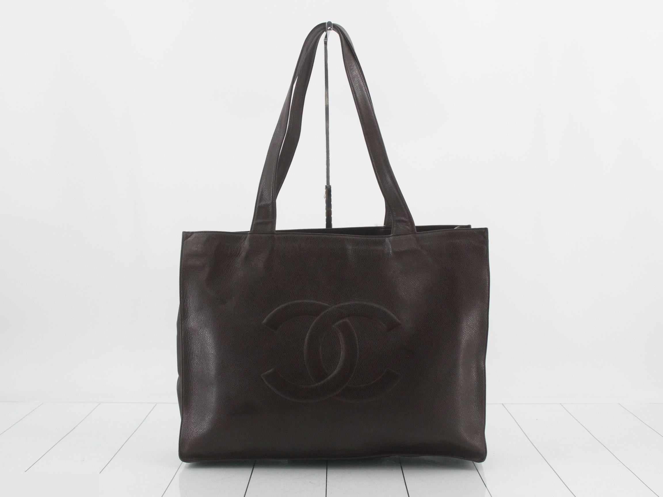 Caviar leather tote bag with Coco Mark, dark brown.