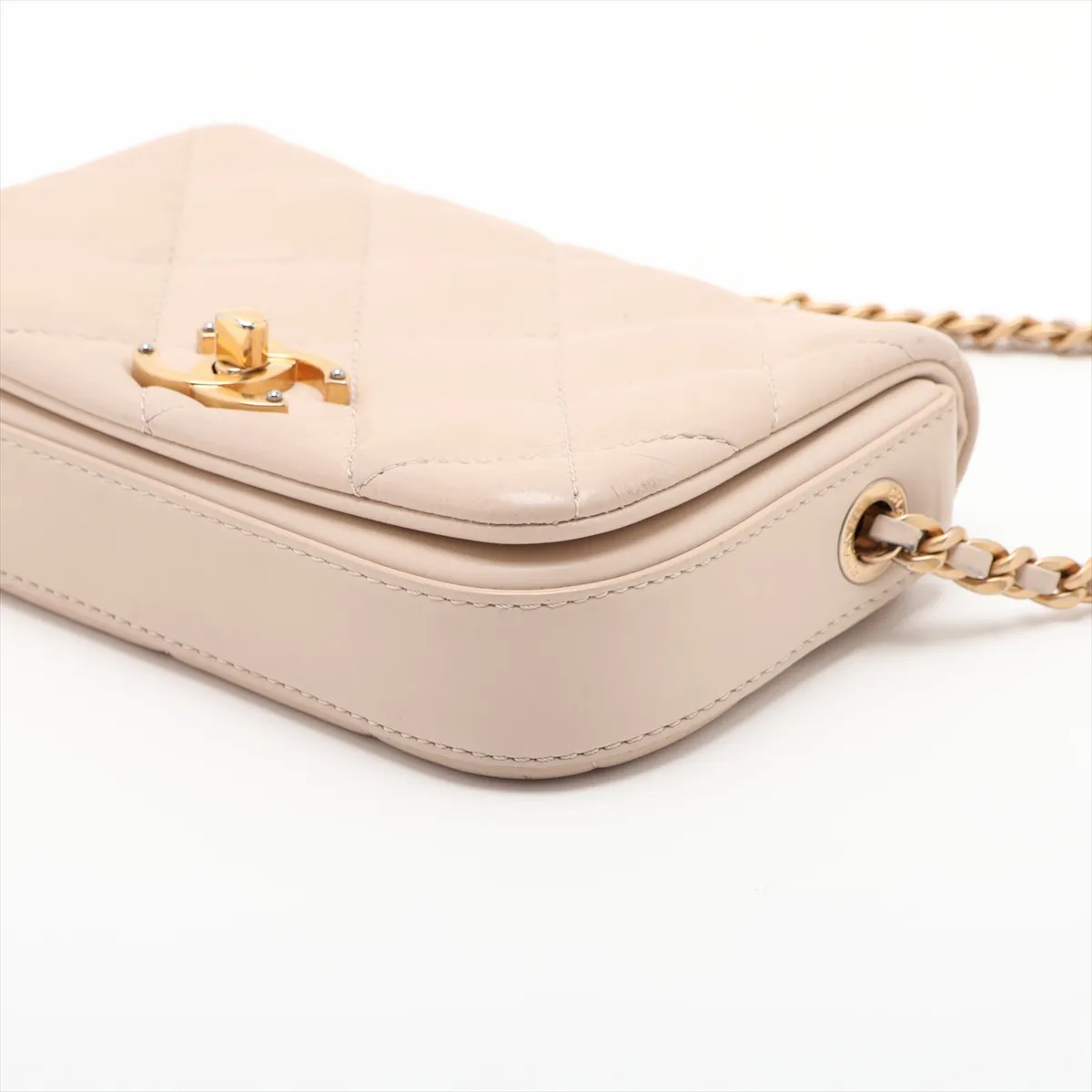 Matelassé Lambskin Chain Shoulder Bag, Beige with Gold Hardware, 30715360 (Serial Number in the 30s) — view 3