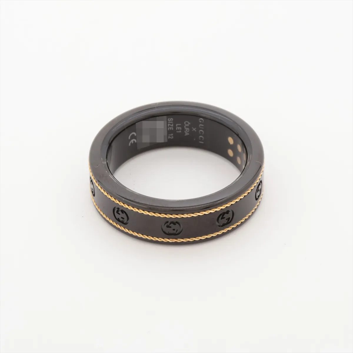 x Aura Interlocking G Ring, Size 12, Titanium, Black x Gold, — view 2