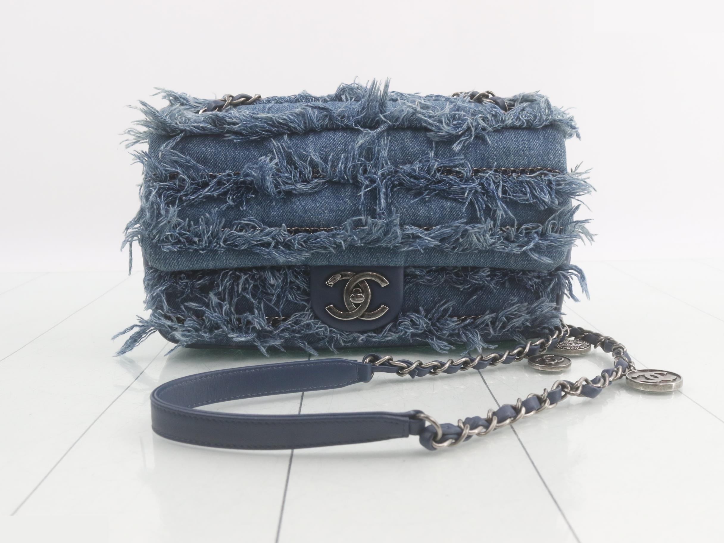 Denim fringe tassel matelassé shoulder bag