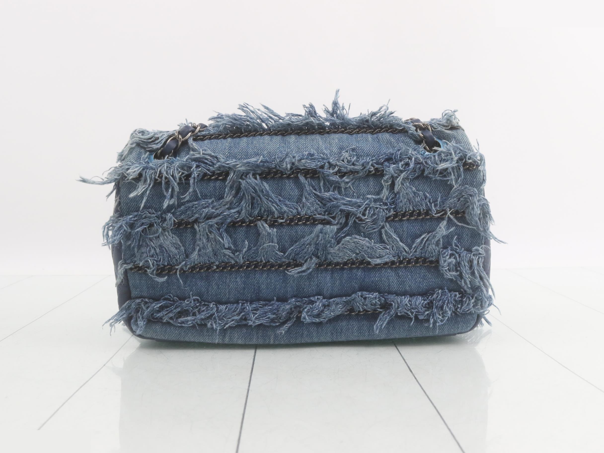 Denim fringe tassel matelassé shoulder bag — view 2