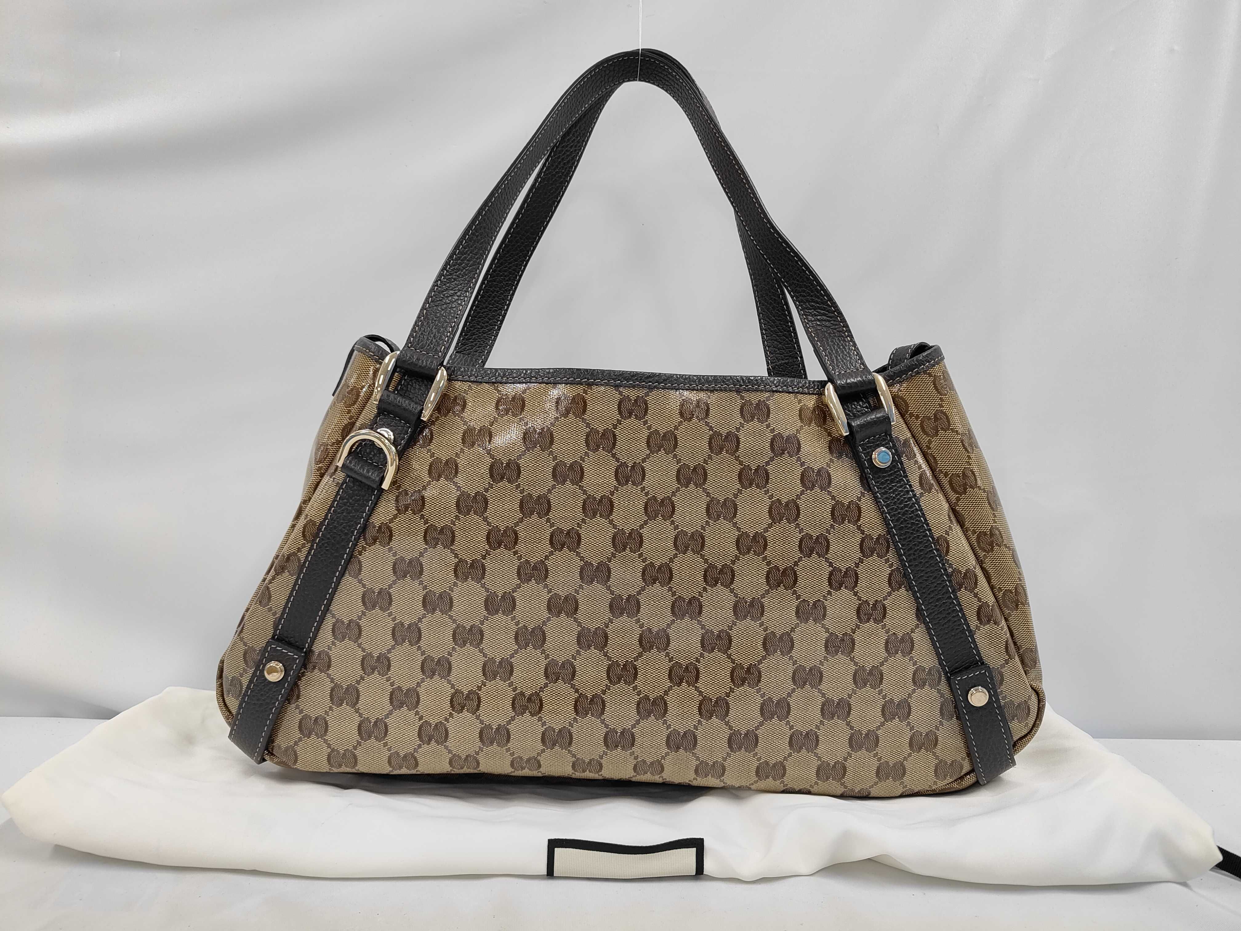 293578 PVC x Leather GG Crystal Tote Bag, Brown, Gold Hardware, with Dust Bag.