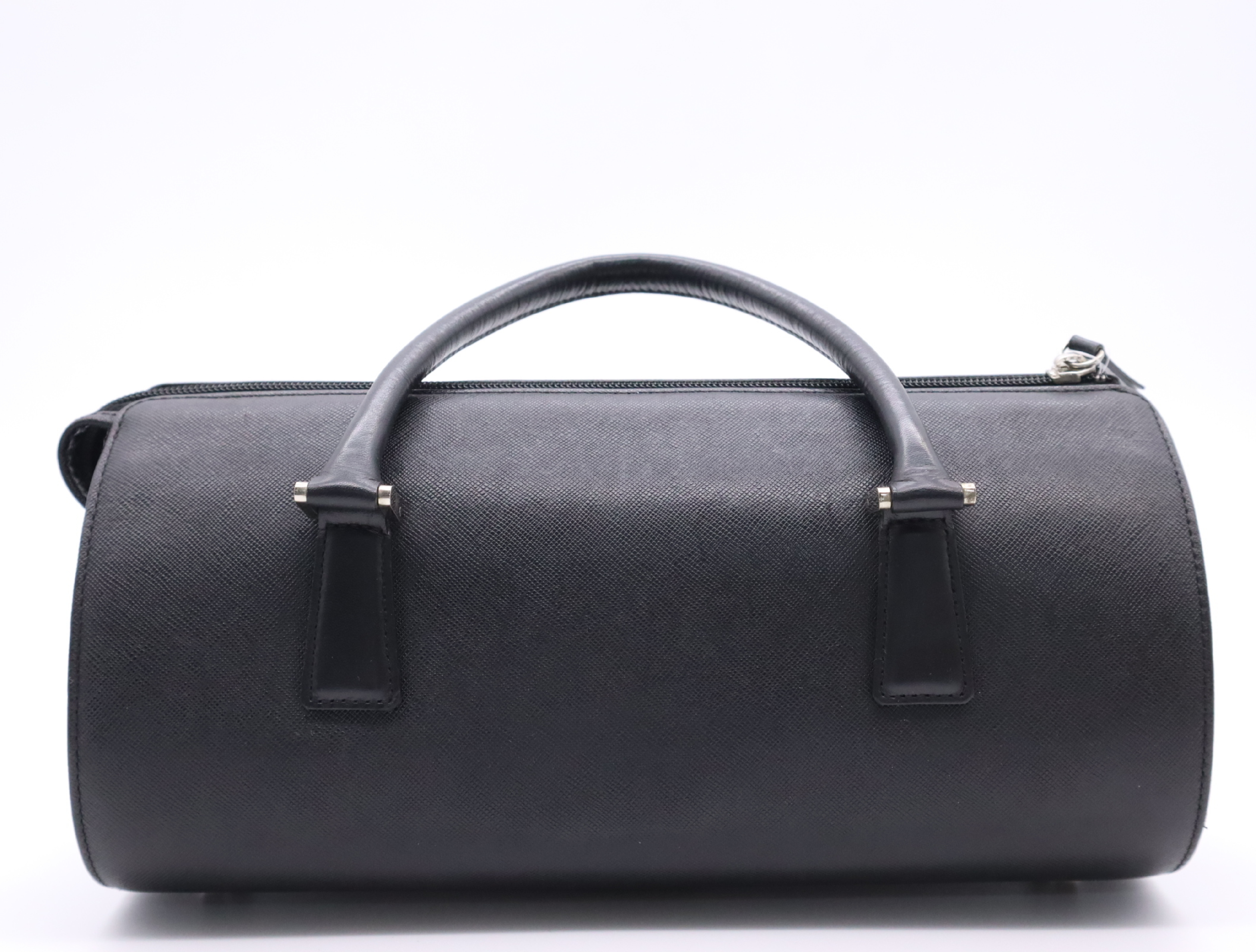 Leather Cylindrical Handbag, Black Nova Check Pattern, Silver Hardware — view 2