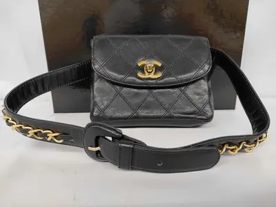 Matelassé Lambskin Chain Shoulder Pouch with Gold Hardware, Black Waist Bag