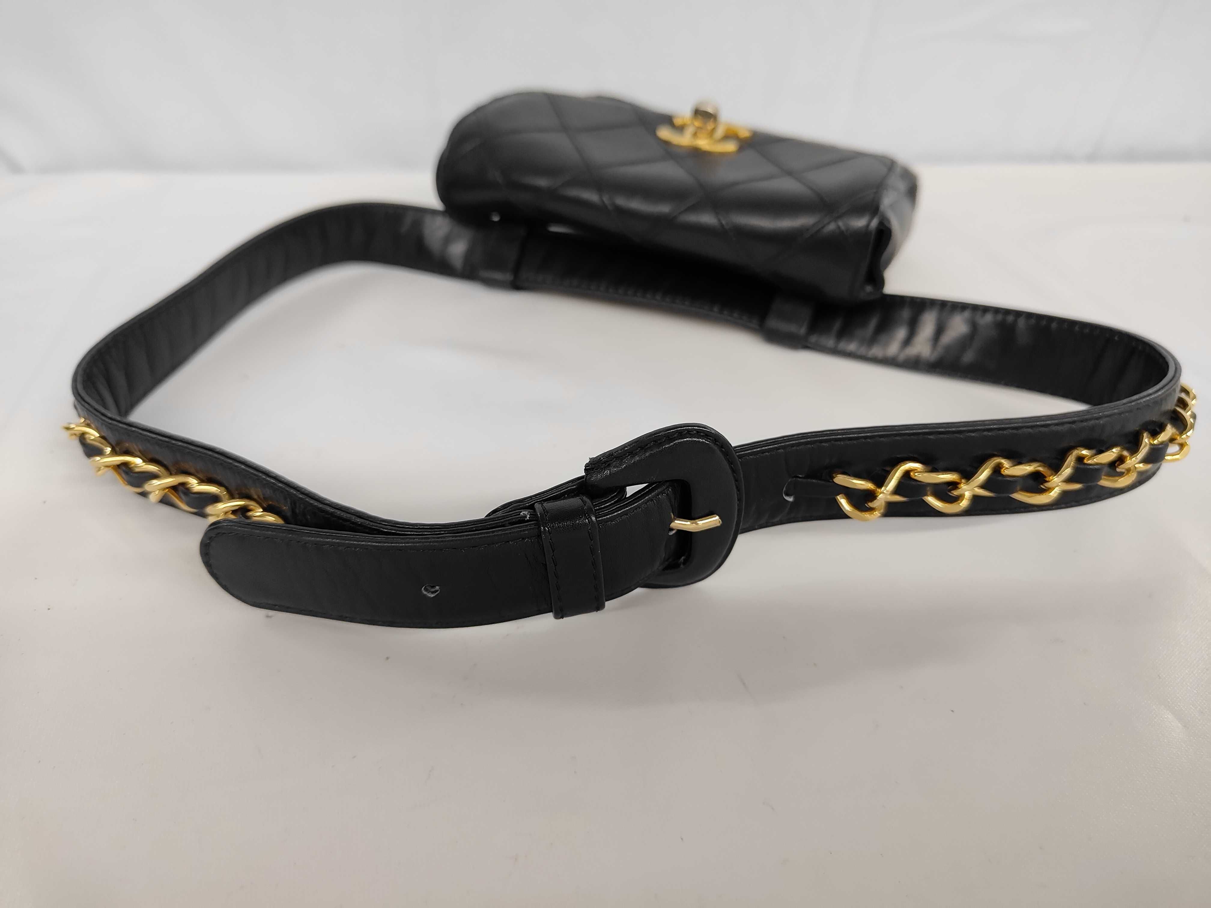 Matelassé Lambskin Chain Shoulder Pouch with Gold Hardware, Black Waist Bag — view 3