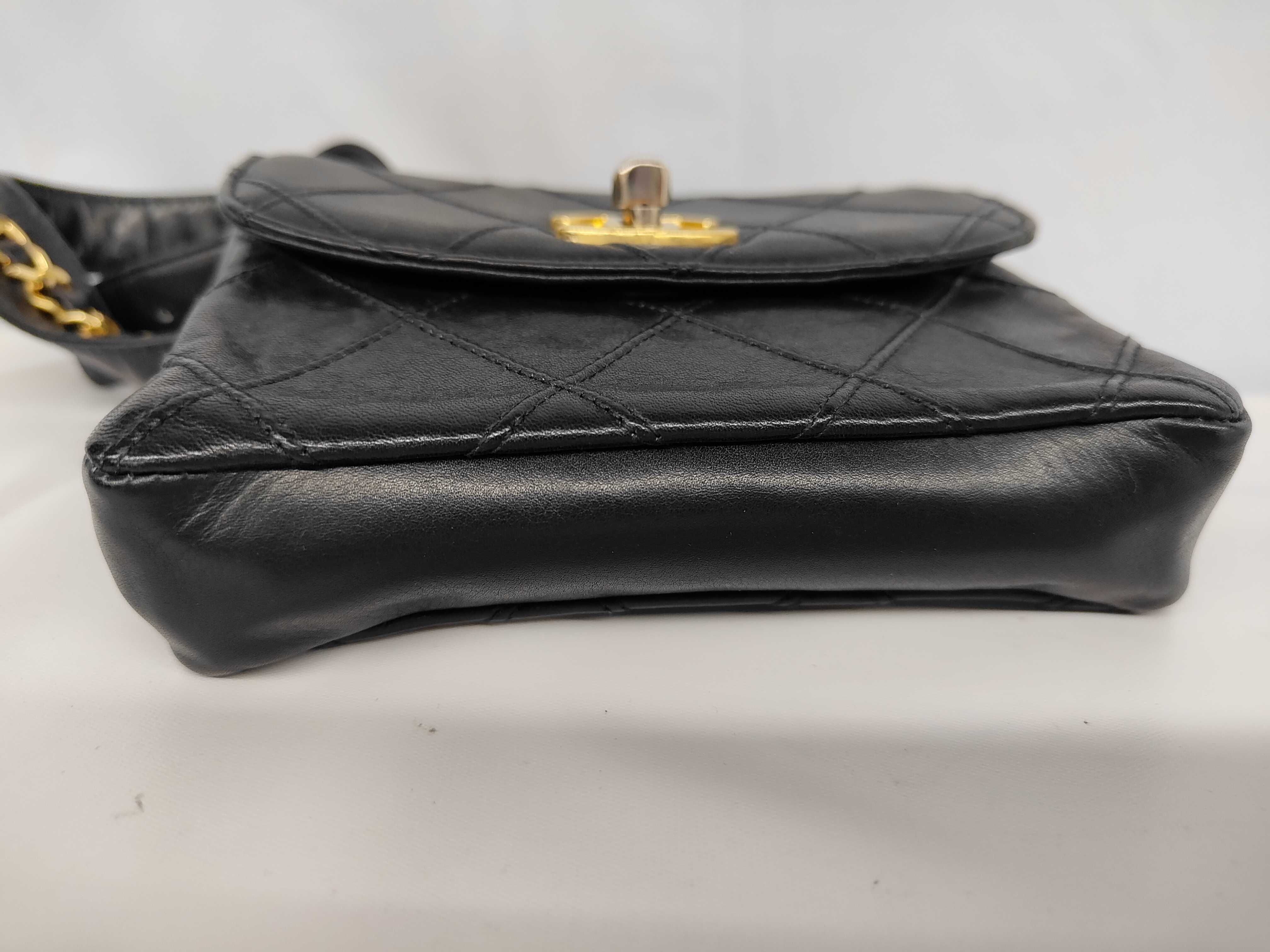 Matelassé Lambskin Chain Shoulder Pouch with Gold Hardware, Black Waist Bag — view 6