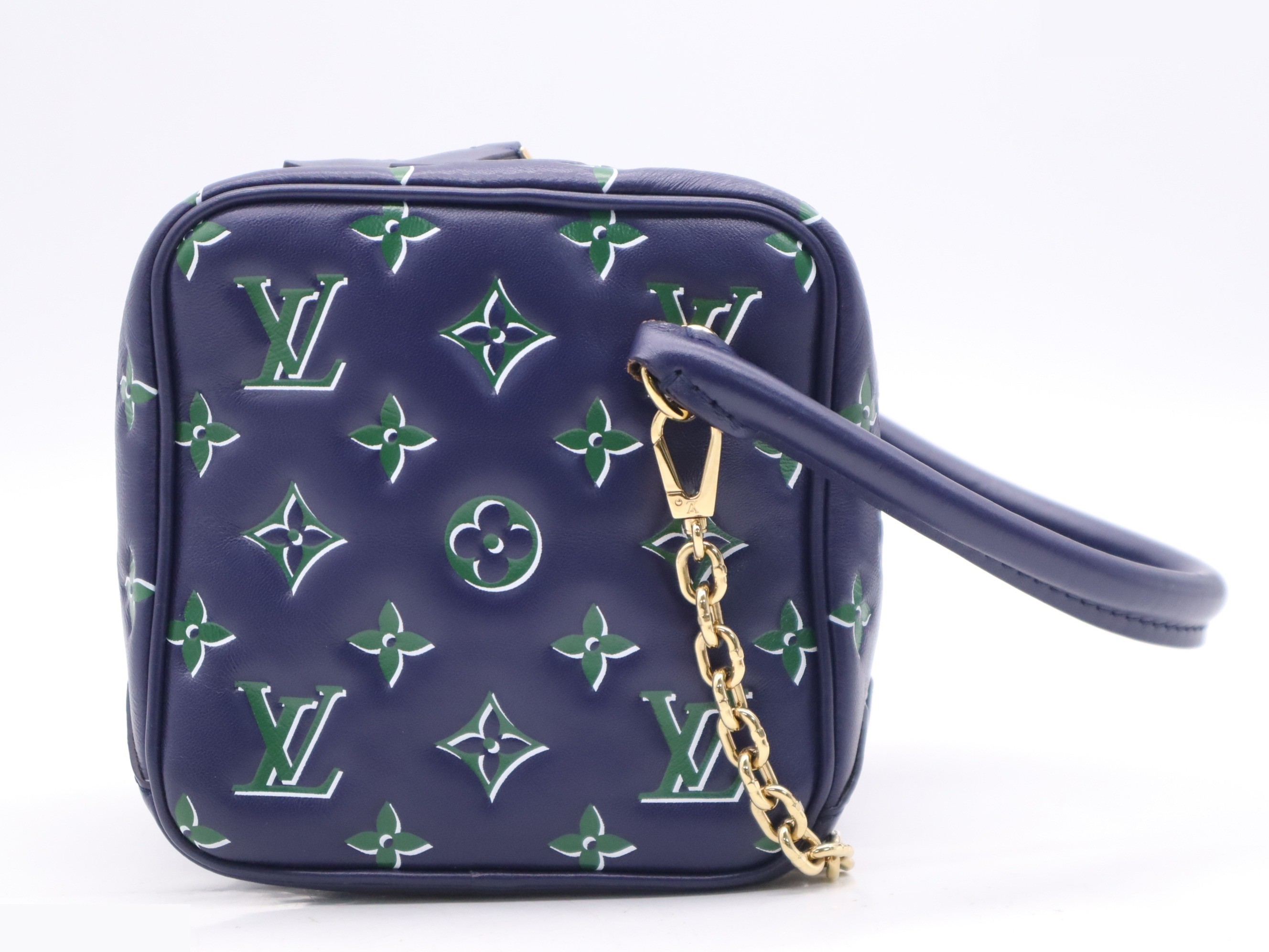 Lambskin monogram square bag in blue and green with chain strap. — view 2