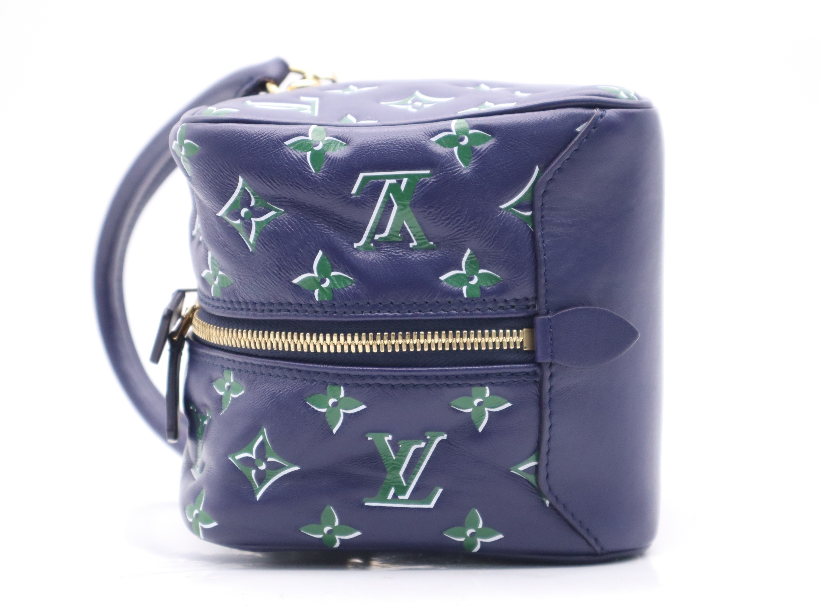 Lambskin monogram square bag in blue and green with chain strap. — view 3