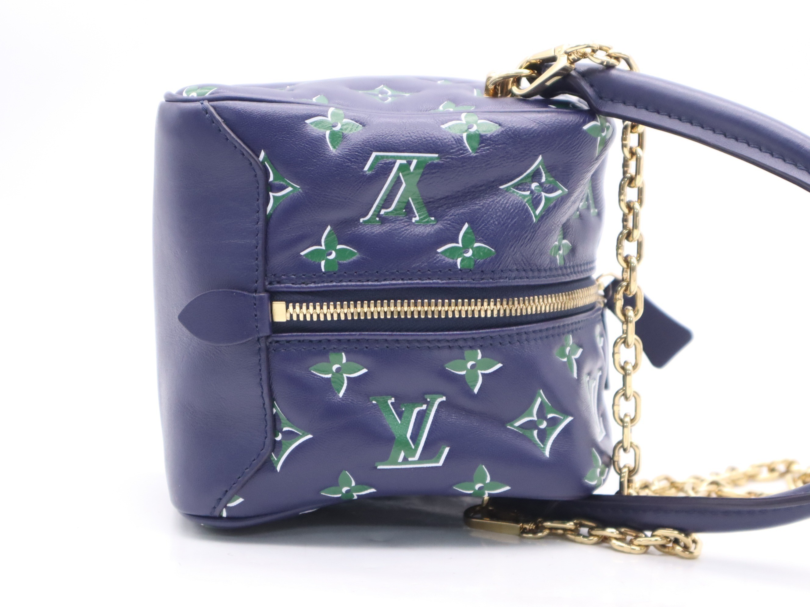 Lambskin monogram square bag in blue and green with chain strap. — view 5