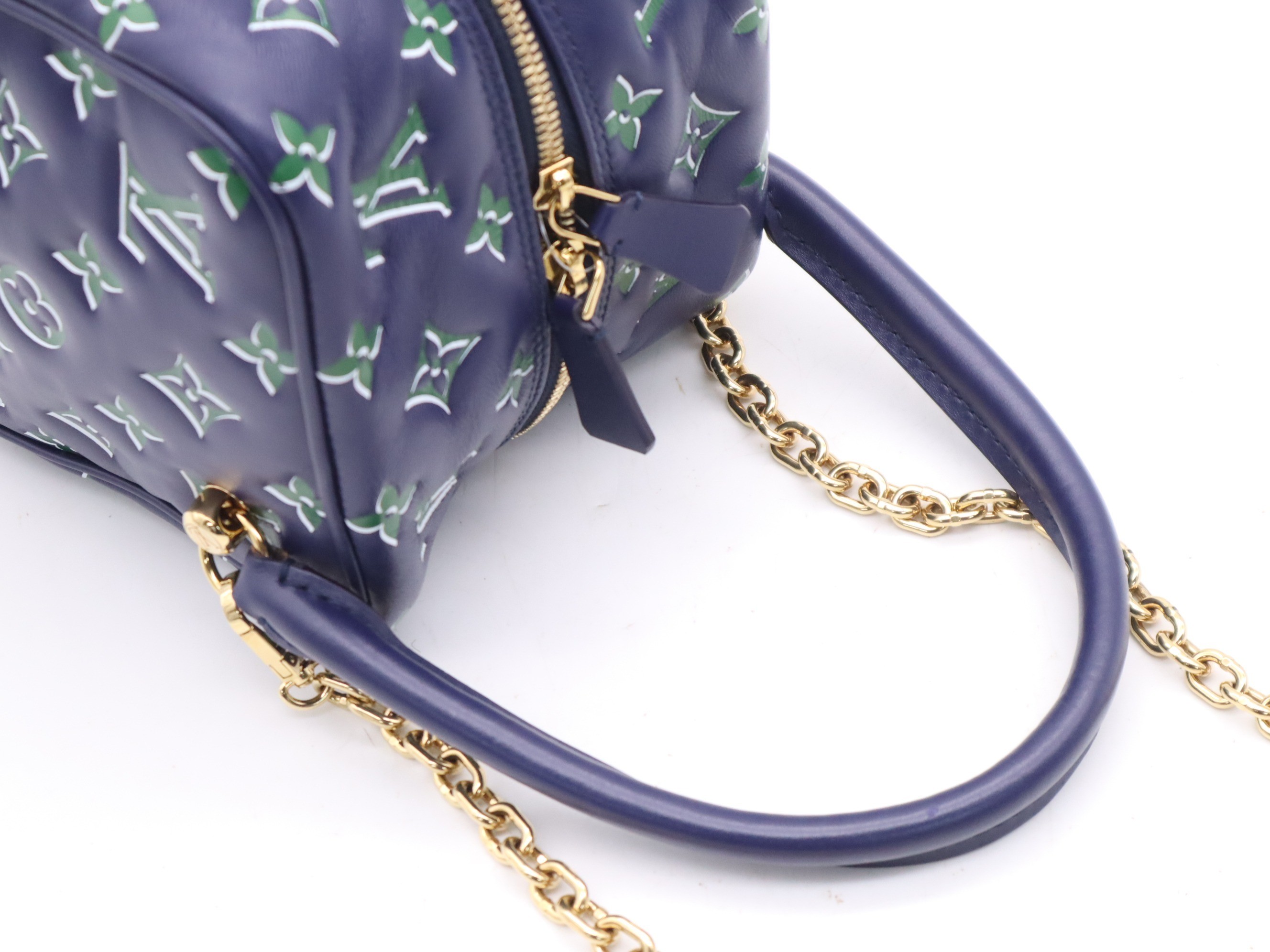 Lambskin monogram square bag in blue and green with chain strap. — view 6
