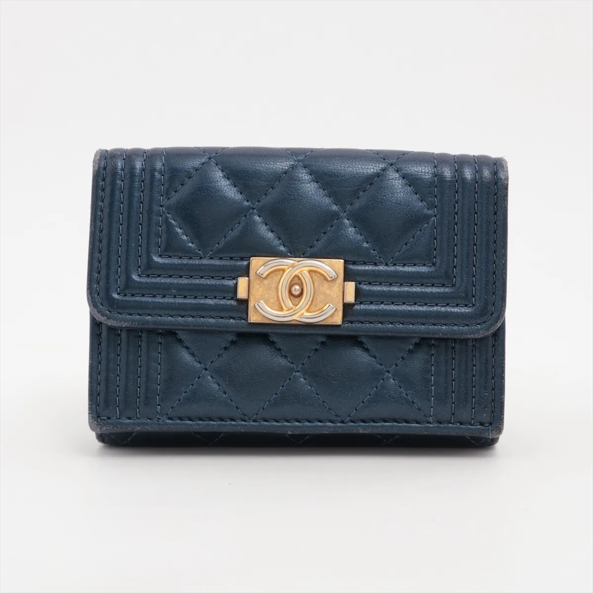 Matelassé Lambskin Compact Wallet, Blue with Gold Hardware, 30341960