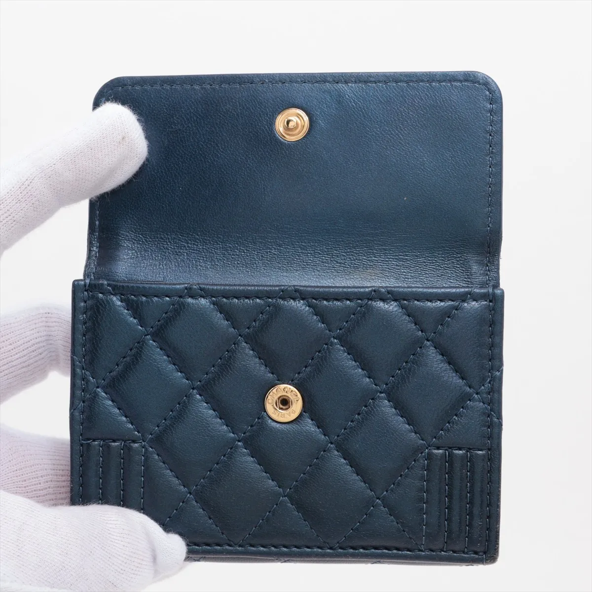 Matelassé Lambskin Compact Wallet, Blue with Gold Hardware, 30341960 — view 3