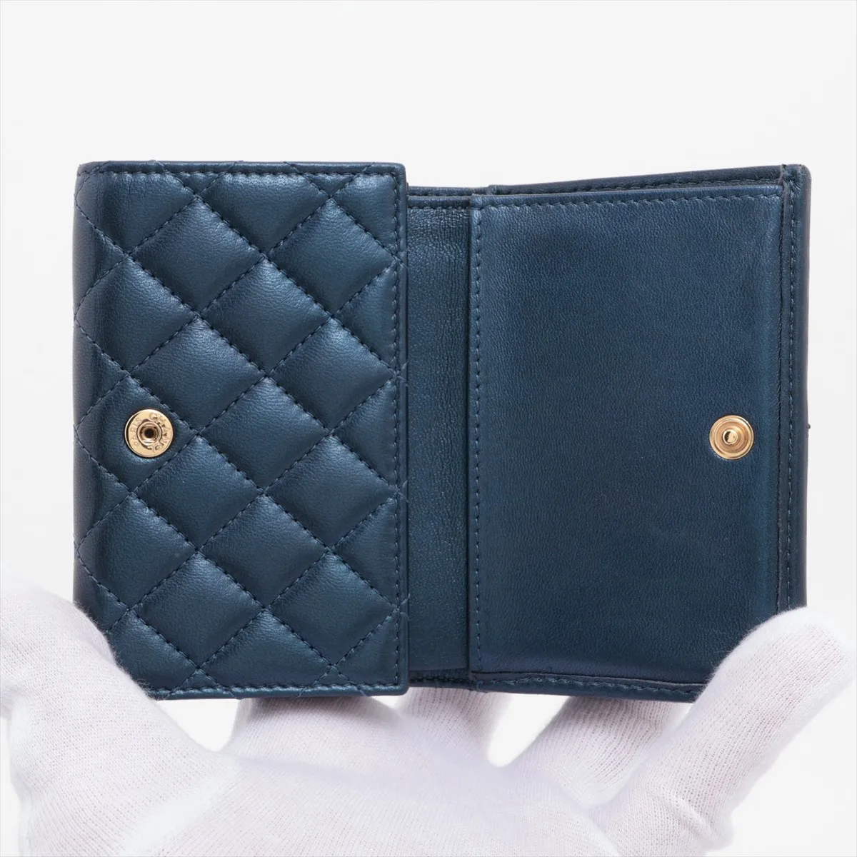 Matelassé Lambskin Compact Wallet, Blue with Gold Hardware, 30341960 — view 4