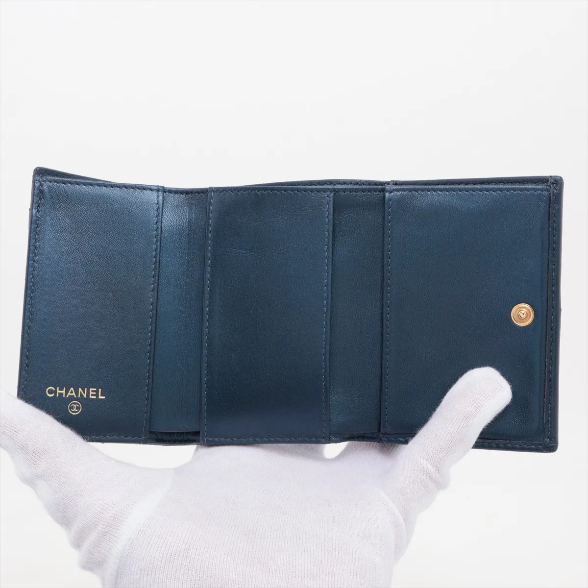 Matelassé Lambskin Compact Wallet, Blue with Gold Hardware, 30341960 — view 5