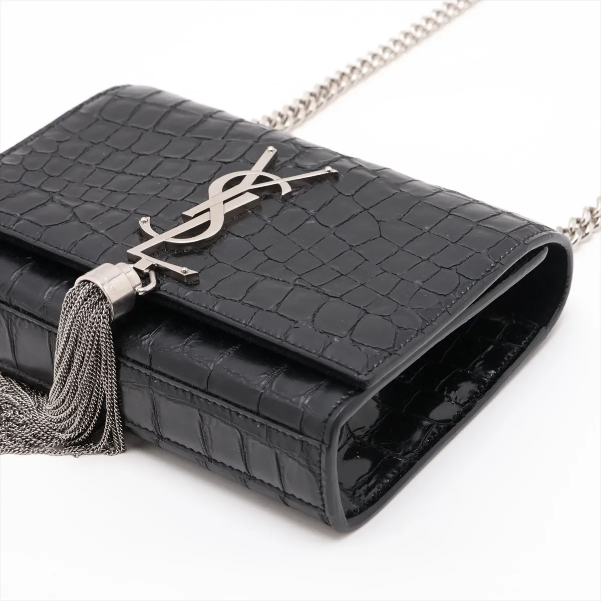 326076 Crocodile Embossed Chain Shoulder Bag, Black — view 3
