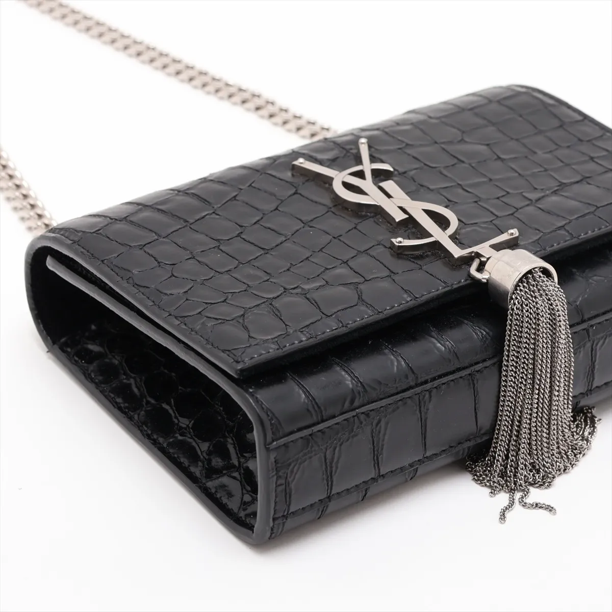326076 Crocodile Embossed Chain Shoulder Bag, Black — view 4