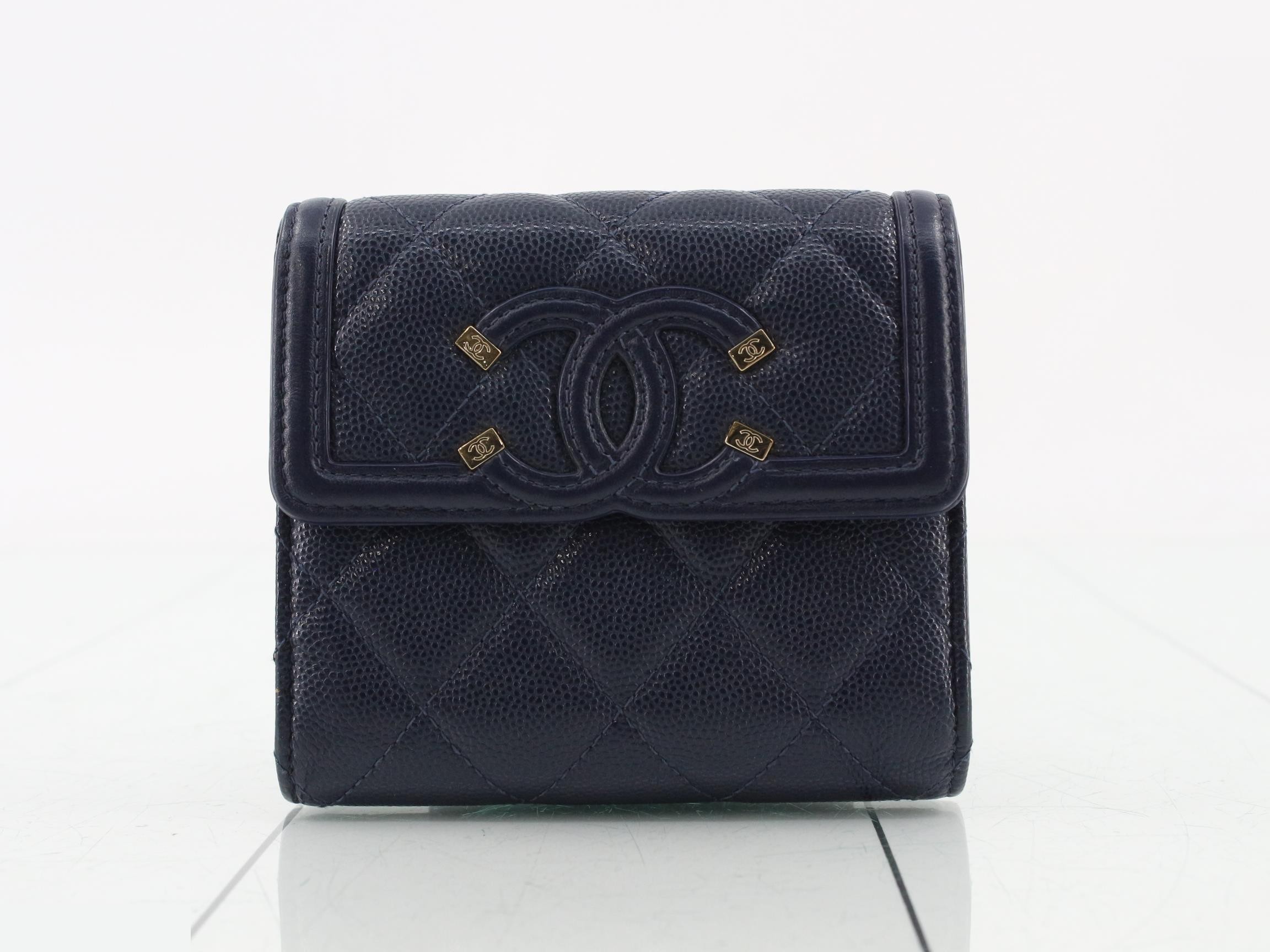 Caviar Skin Bi-fold Wallet, Navy, 29319585