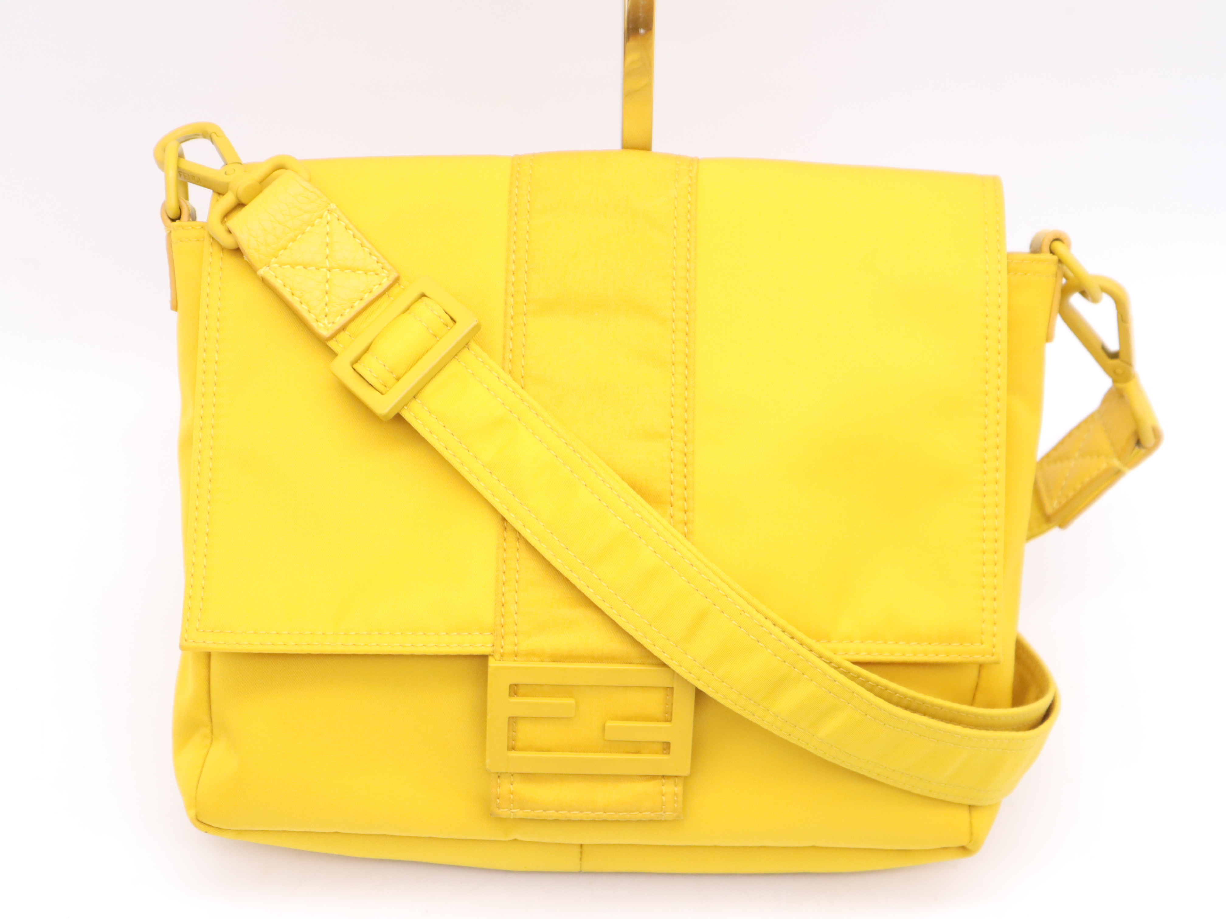 Nylon Mamma Bucket Messenger Bag, Yellow, Silver Hardware, with Shoulder Strap.