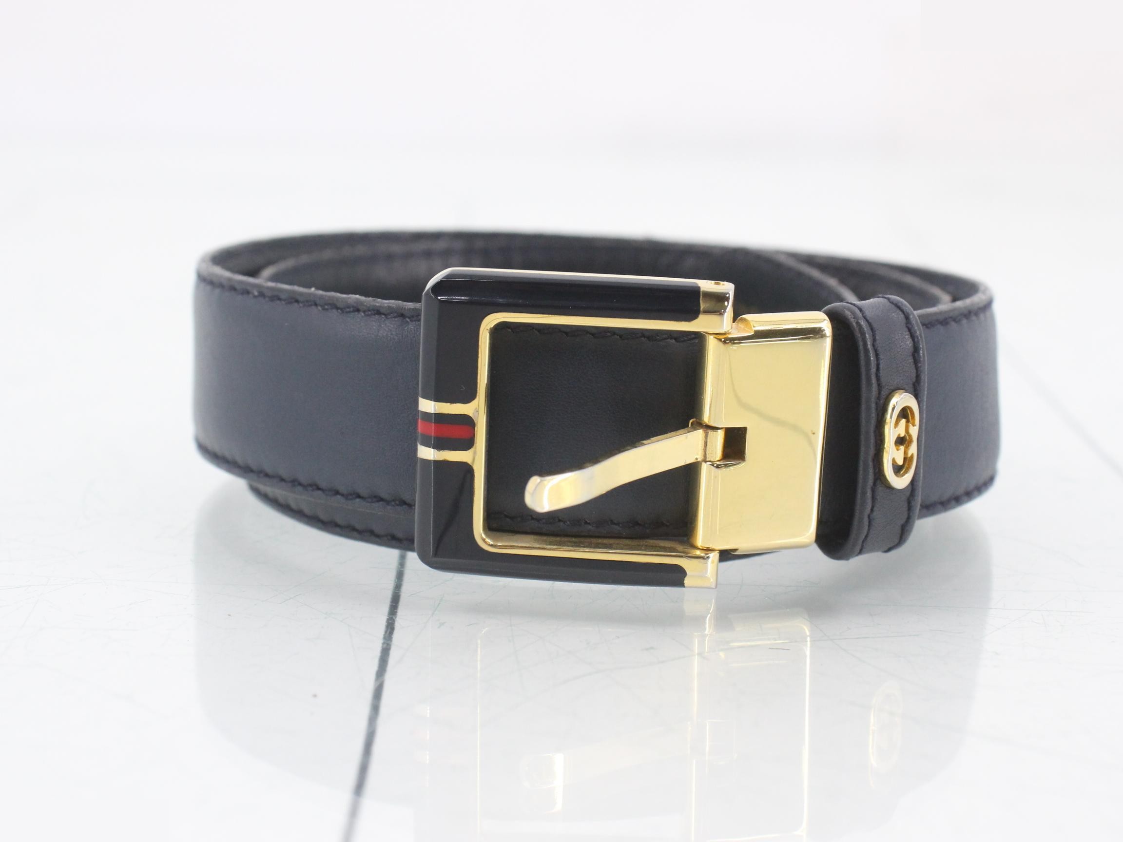 Sherry Line Buckle Leather Belt, Size 44/110, Navy