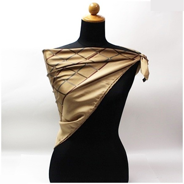 silk scarf, brown, checkered pattern, with rug. — view 2