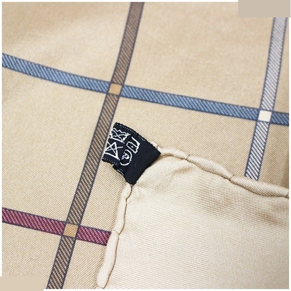 silk scarf, brown, checkered pattern, with rug. — view 4