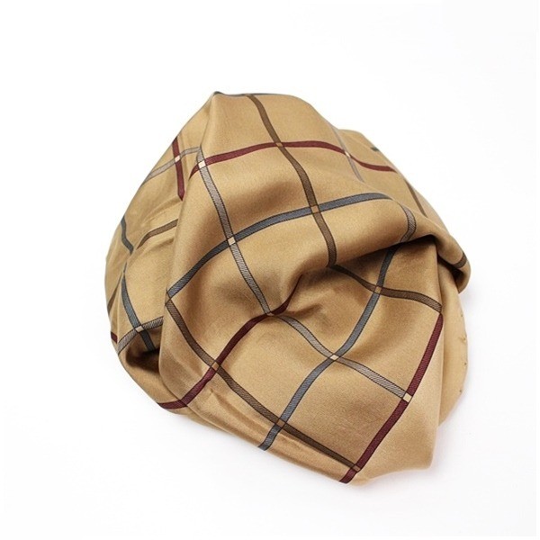 silk scarf, brown, checkered pattern, with rug. — view 6