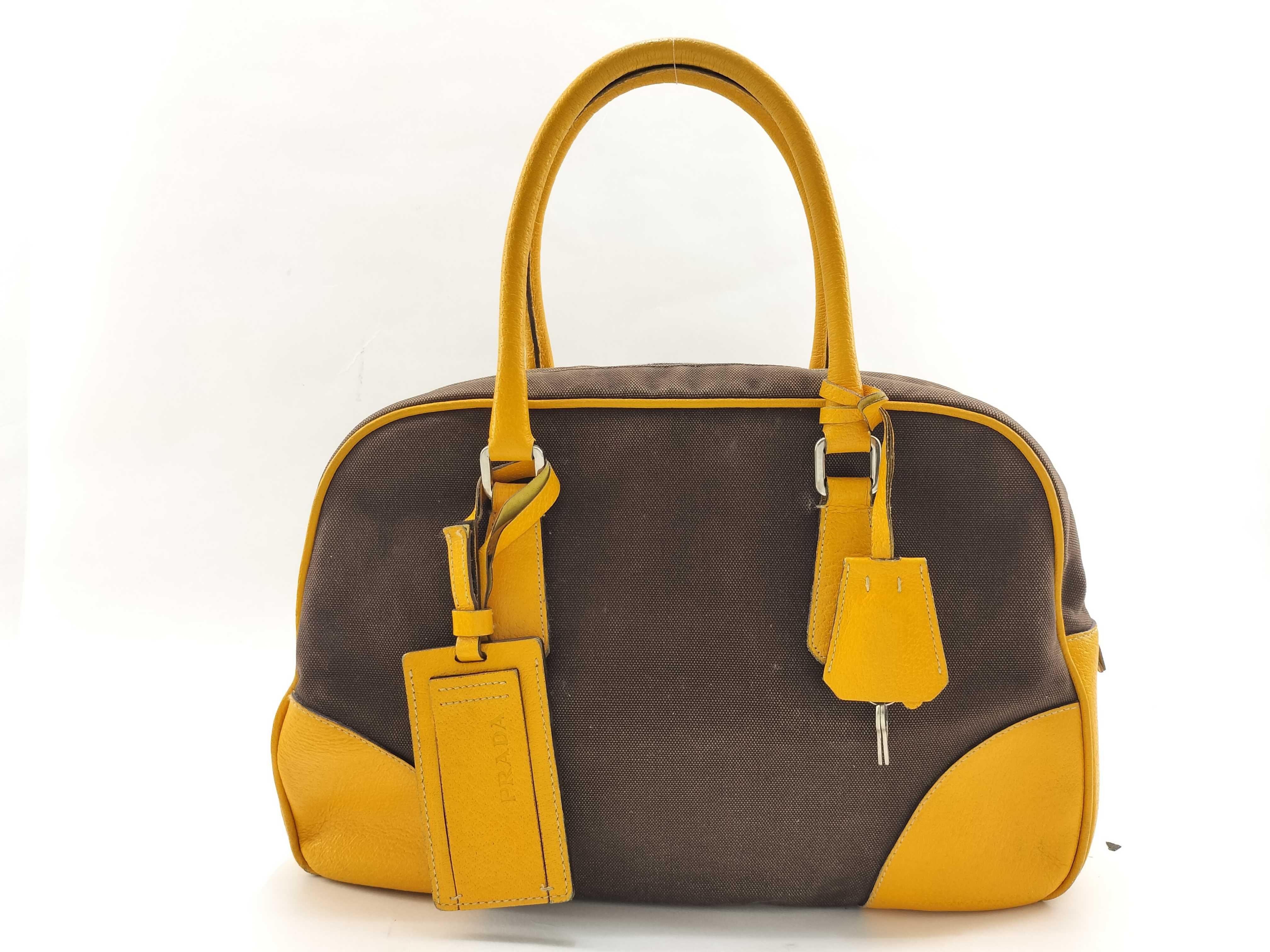 Bowling Bag Mini Boston Bag Canvas Brown x Yellow Handbag
