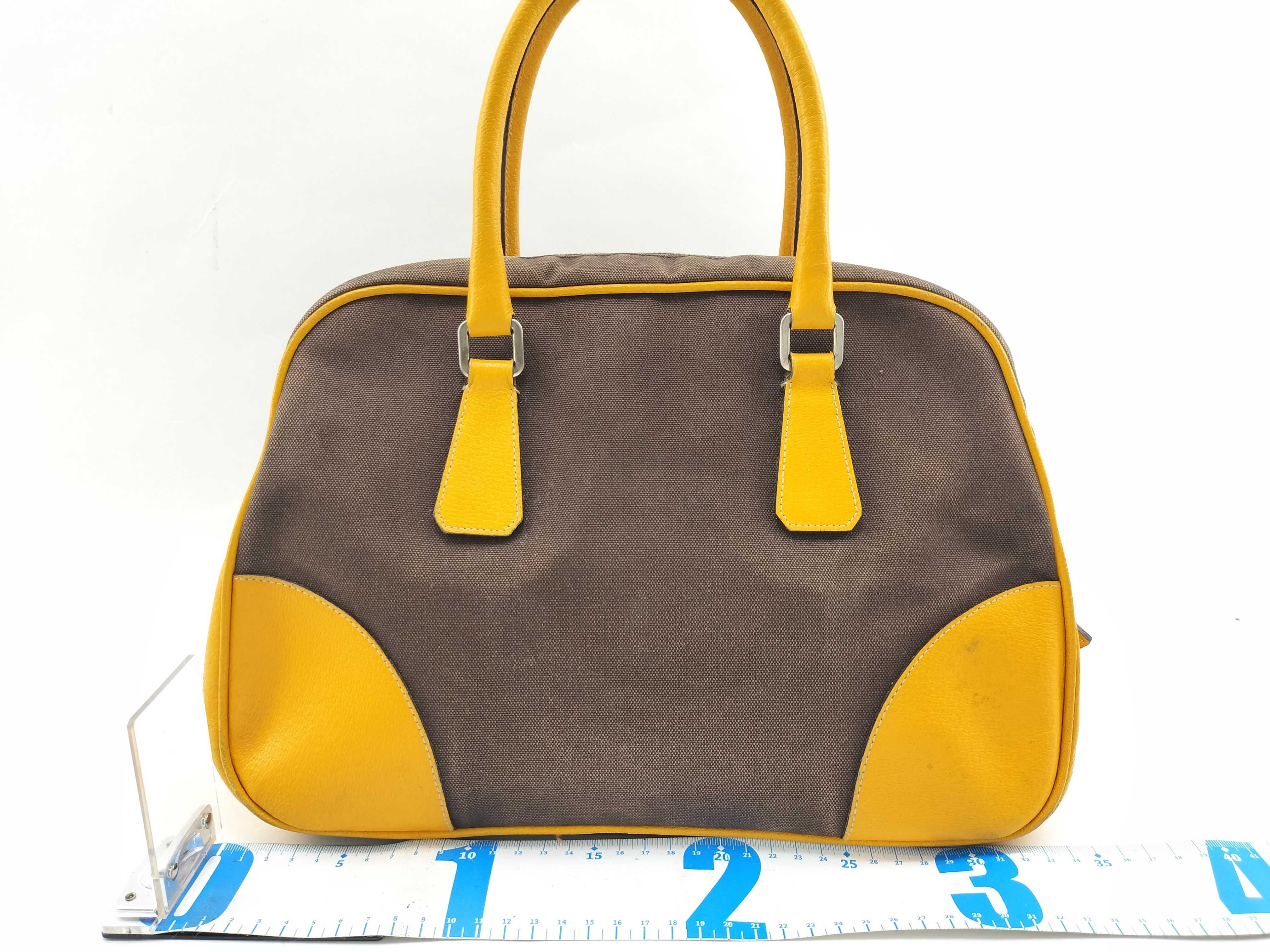 Bowling Bag Mini Boston Bag Canvas Brown x Yellow Handbag — view 2