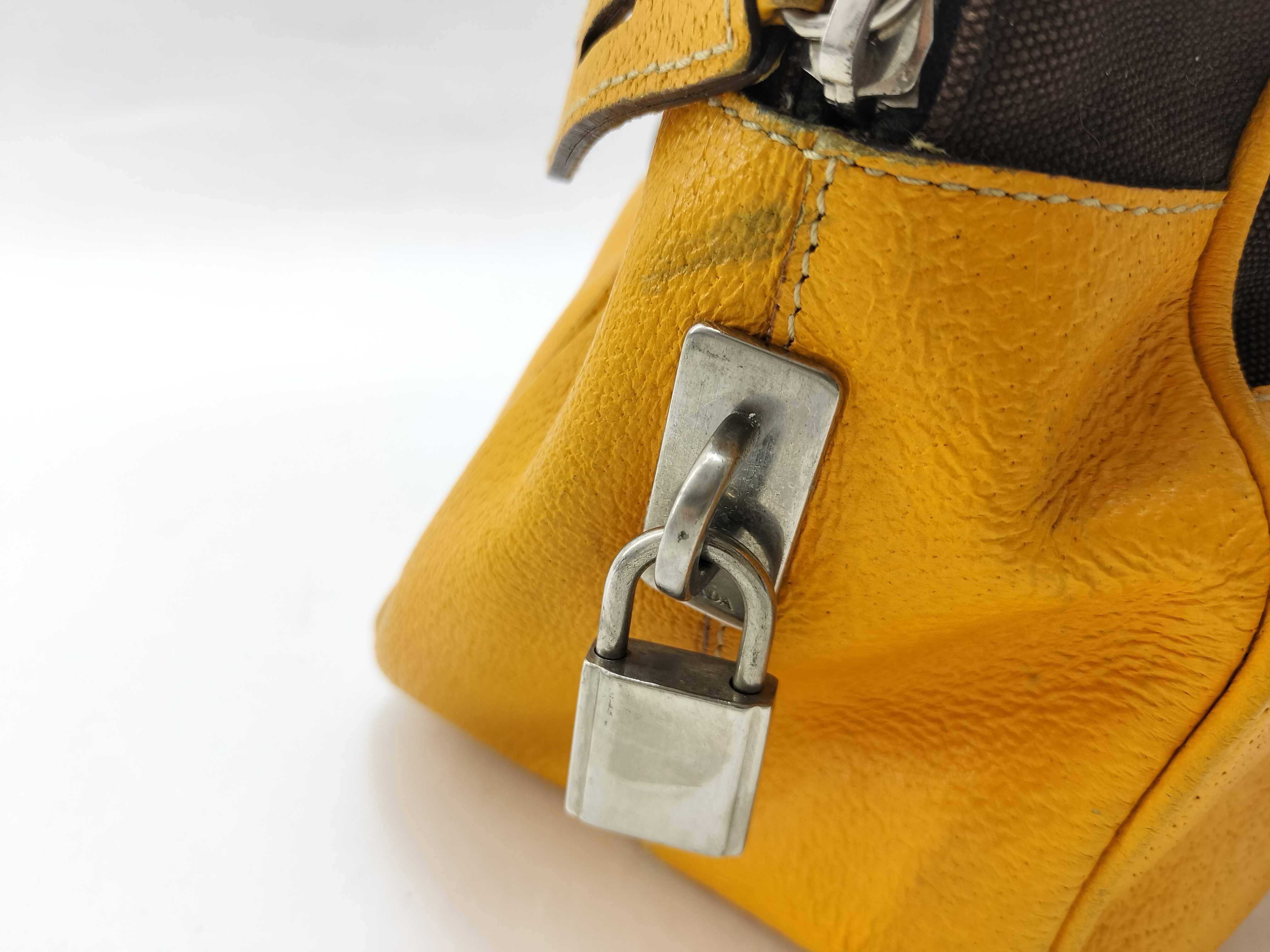 Bowling Bag Mini Boston Bag Canvas Brown x Yellow Handbag — view 5
