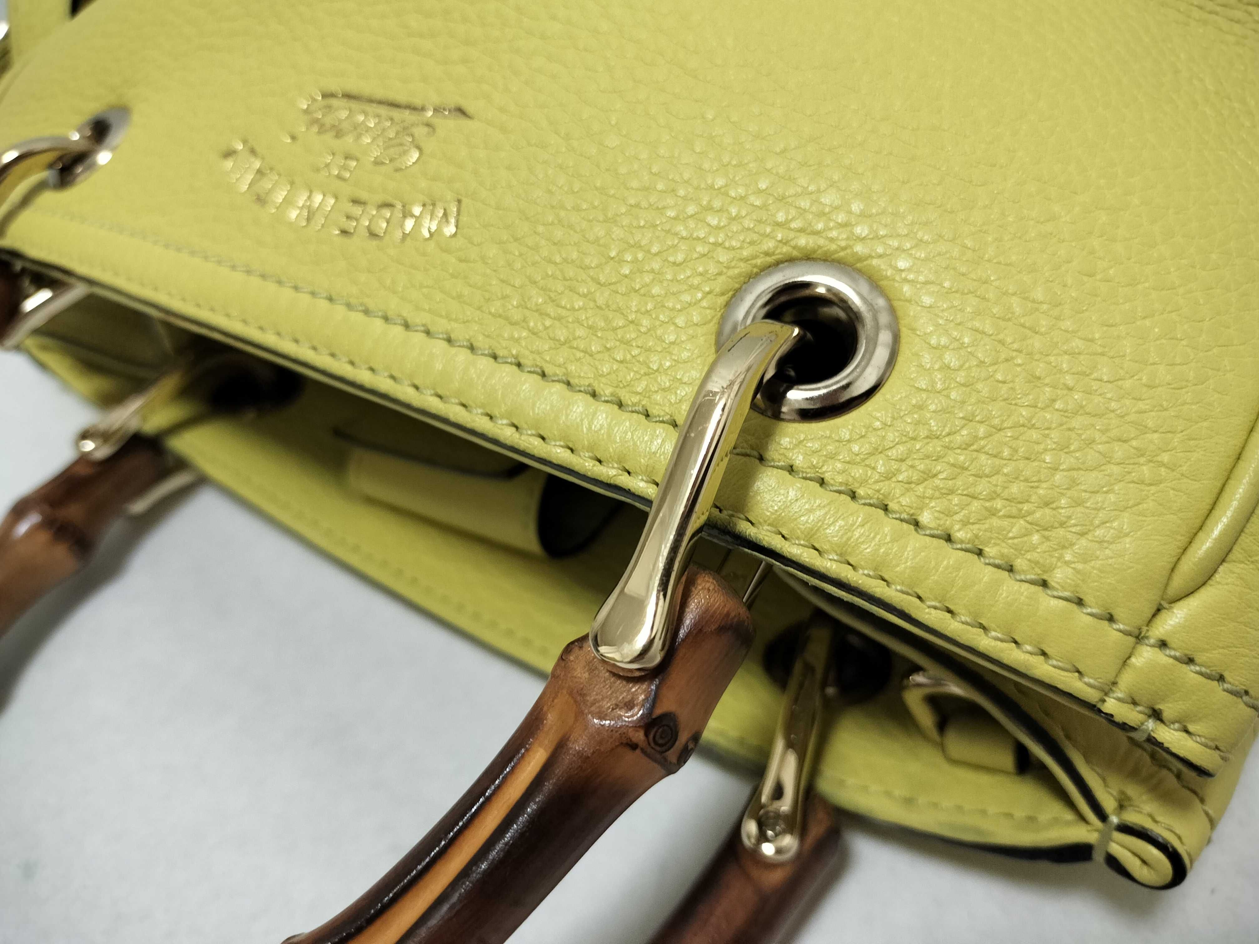 Bamboo 2-way Leather Handbag, Yellow — view 5