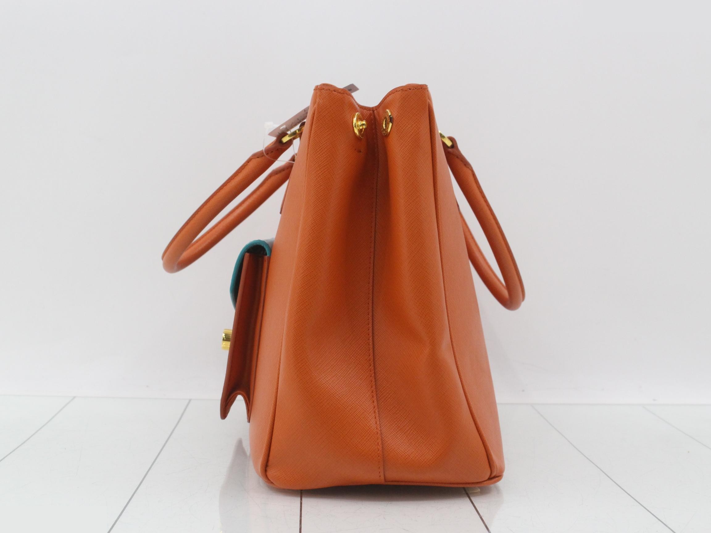 Saffiano Triangle Plate Tote Bag, Orange/Blue — view 3