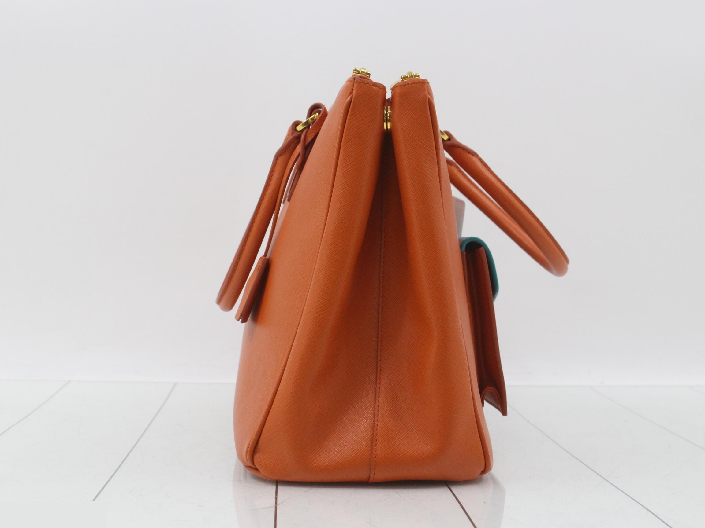 Saffiano Triangle Plate Tote Bag, Orange/Blue — view 4