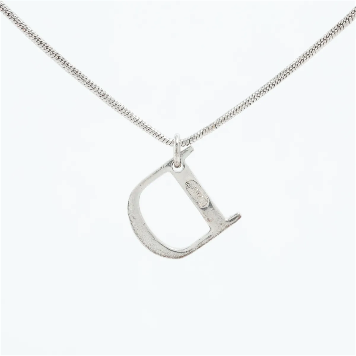 D-logo necklace, metal and rhinestones, silver. Shows signs of wear, — view 2