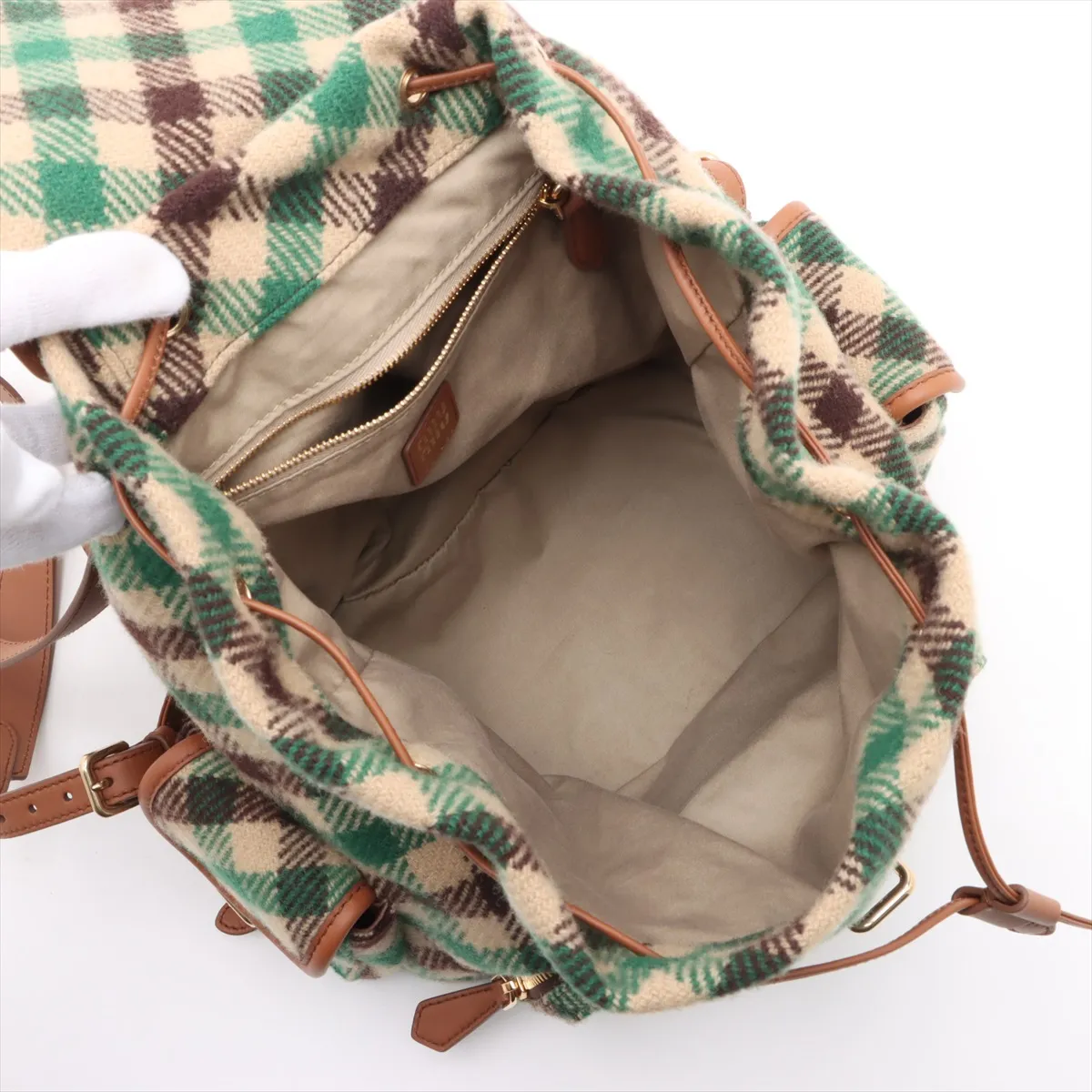 wool x leather backpack/rucksack green x brown 5BZ042 — view 7