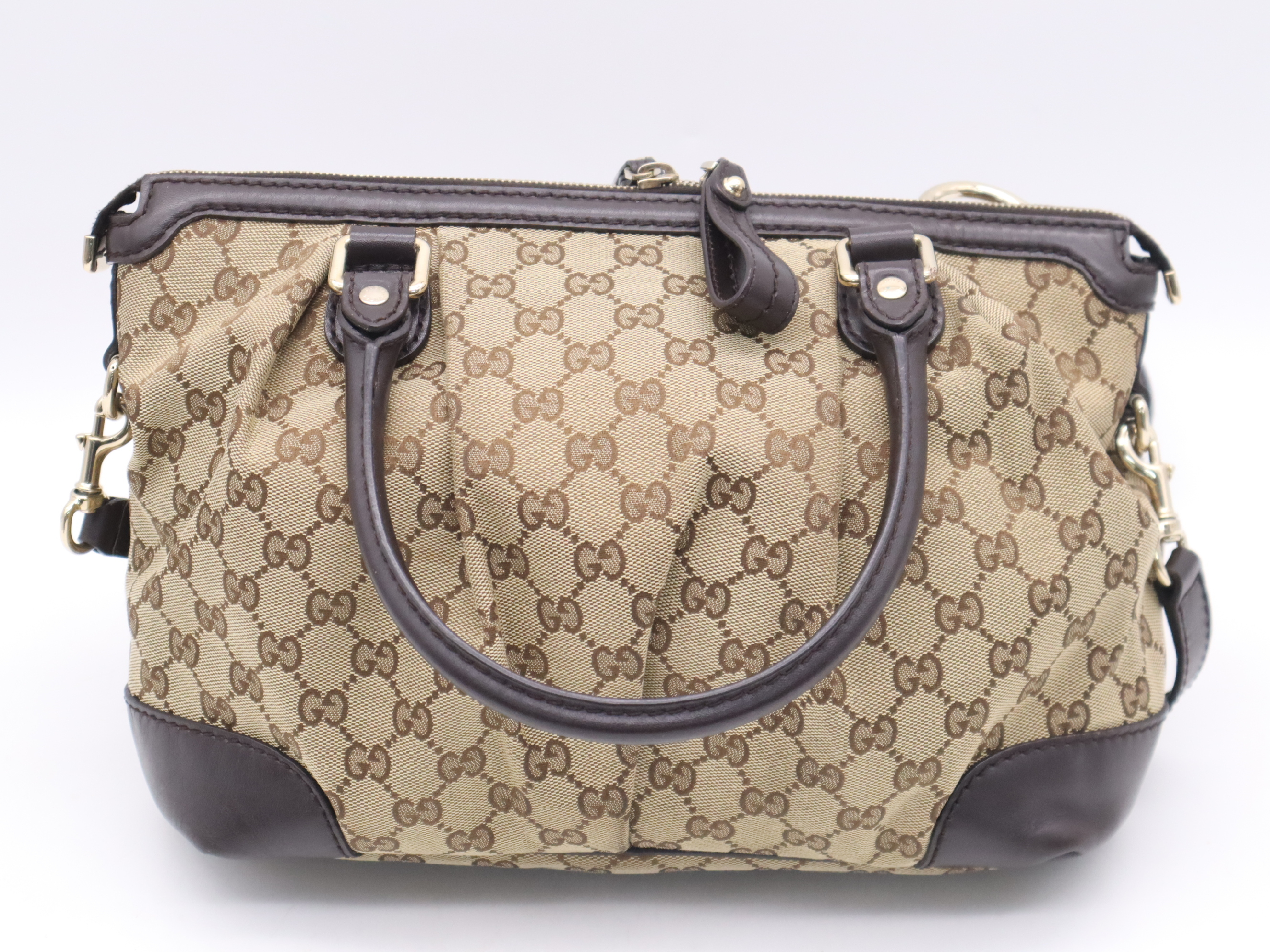 247902 GG Canvas Sukey 2-way Handbag, Beige/Brown, with Shoulder Strap, Dust Bag, and Charm. — view 2